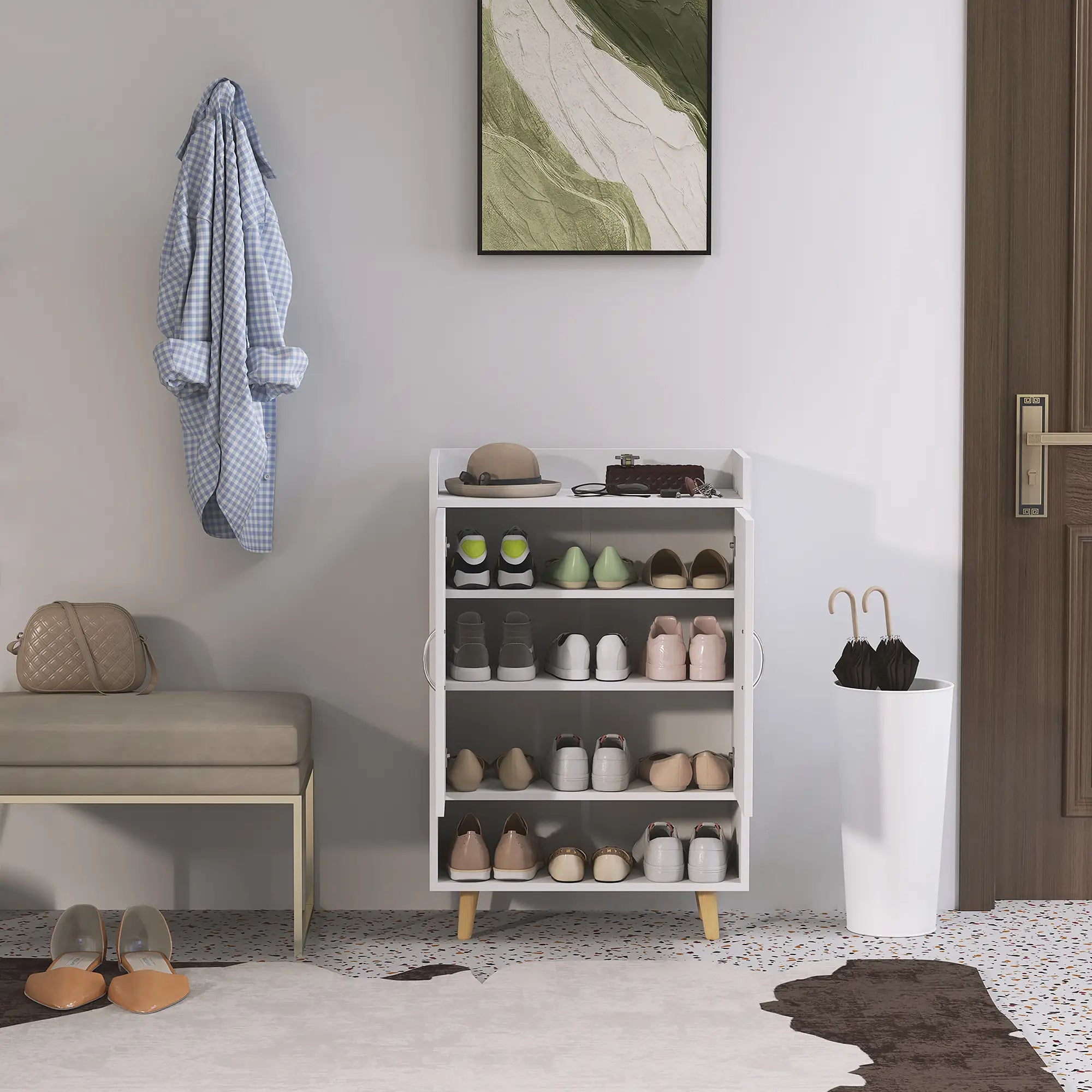 HOMCOM Schuhschrank, Schuhregal mit Türen und Regalen, für Flur, moderne Schuhkommode, Schuhablagen, 60 x 30 x 92 cm, Weiß