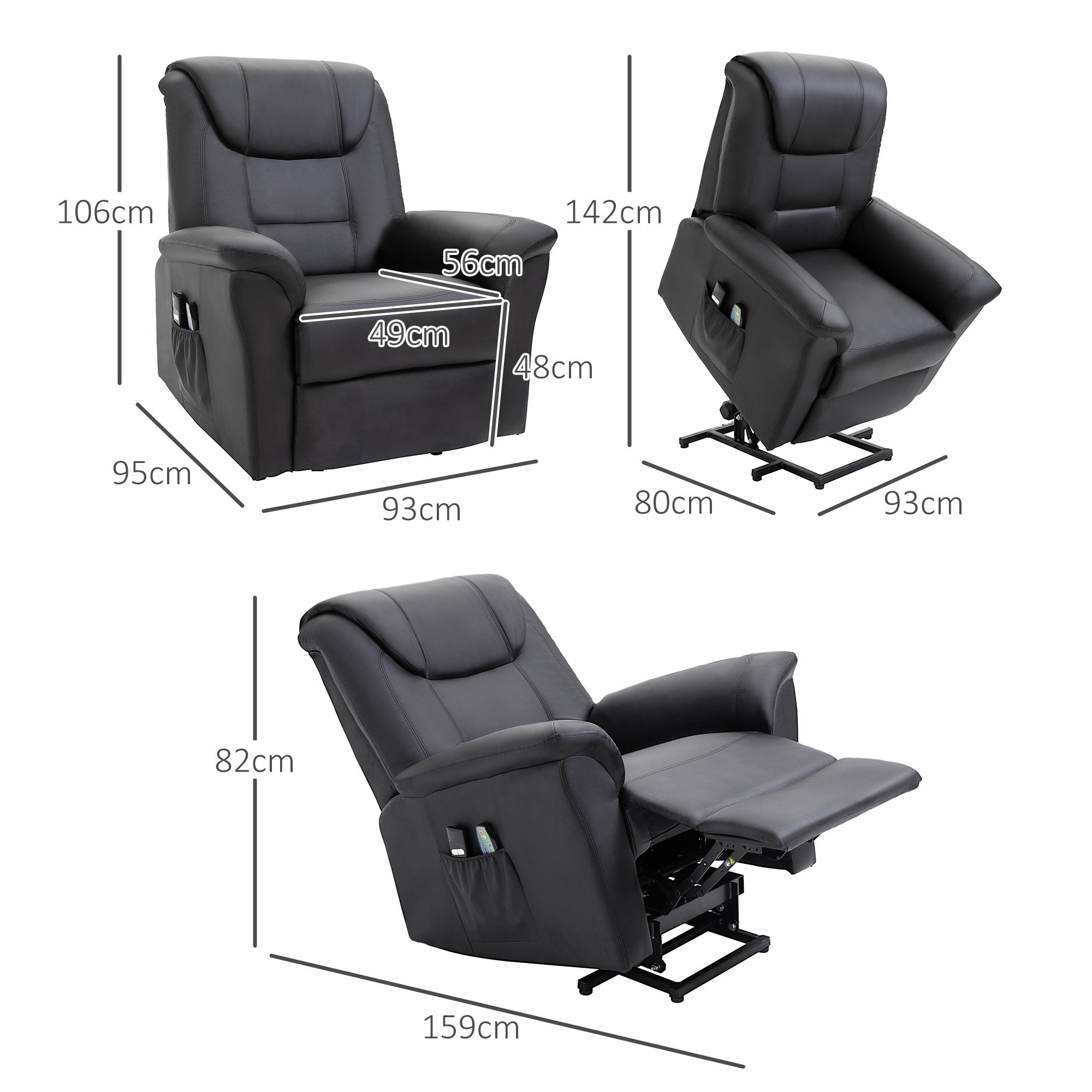 HOMCOM Massagestuhl mit Aufstehhilfe, 8 Vibrationspunkte, Heizfunktion, Fußstütze, Schwarz