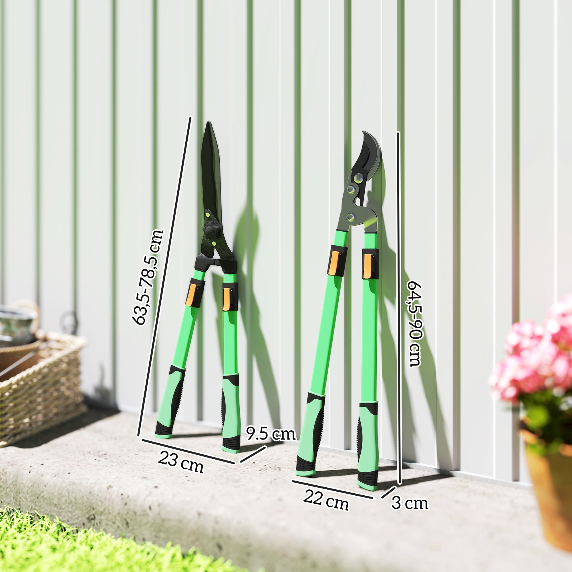 Outsunny Heckenschere Set 2-teilig Gartenschere Messerlänge 90 cm Astschere mit Metallklingen, ausziehbarer Griff