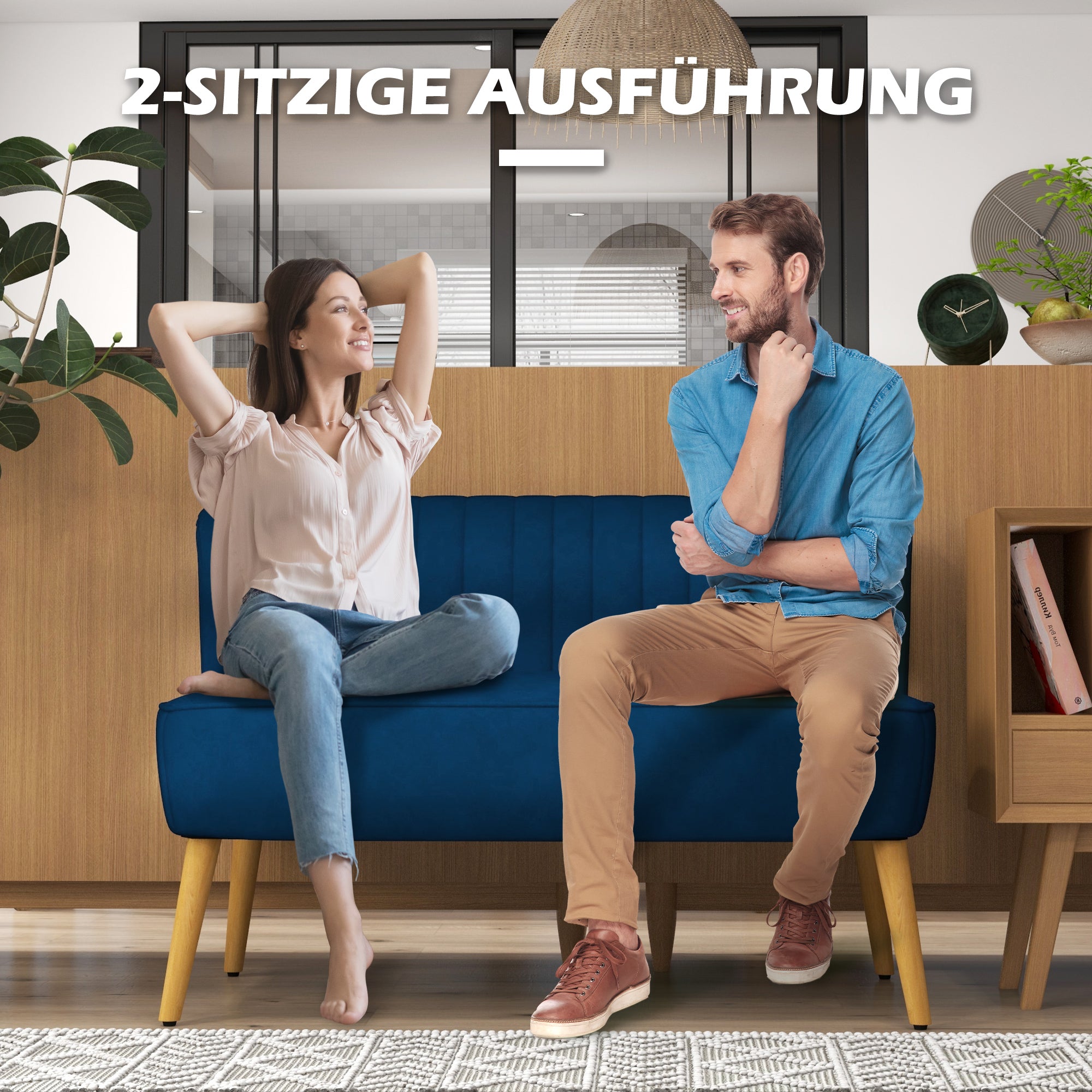 HOMCOM Sofa Retrodesign 2-Sitzer-Sofa, Holzbeine, 117 cm x 56,5 cm x 77 cm, Blau