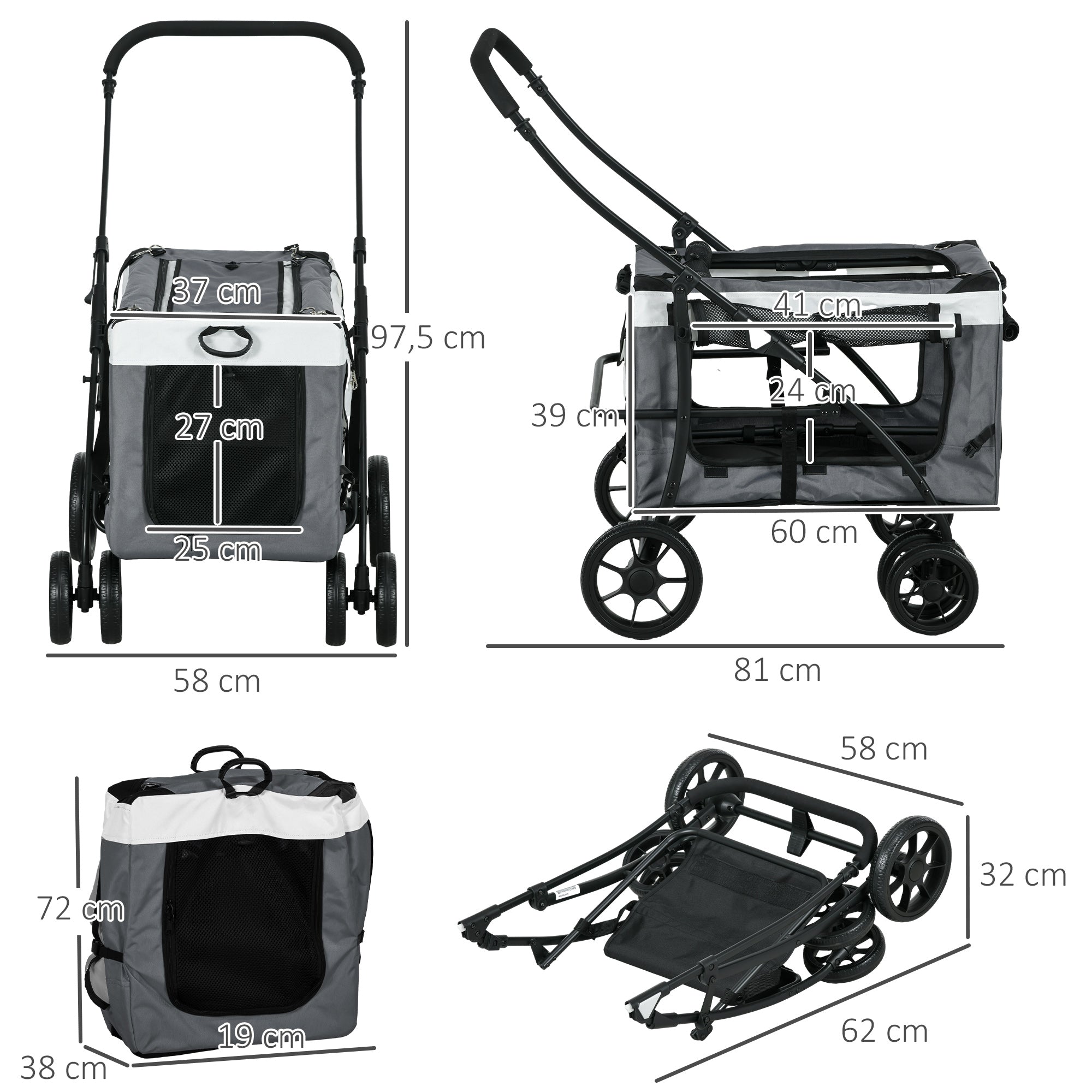 PawHut Hundbuggy Haustierbuggy bis 10kg klappbar abnehmbarer Korb 81 x 58 x 97,5 cm Schwarz + Grau + Weiß