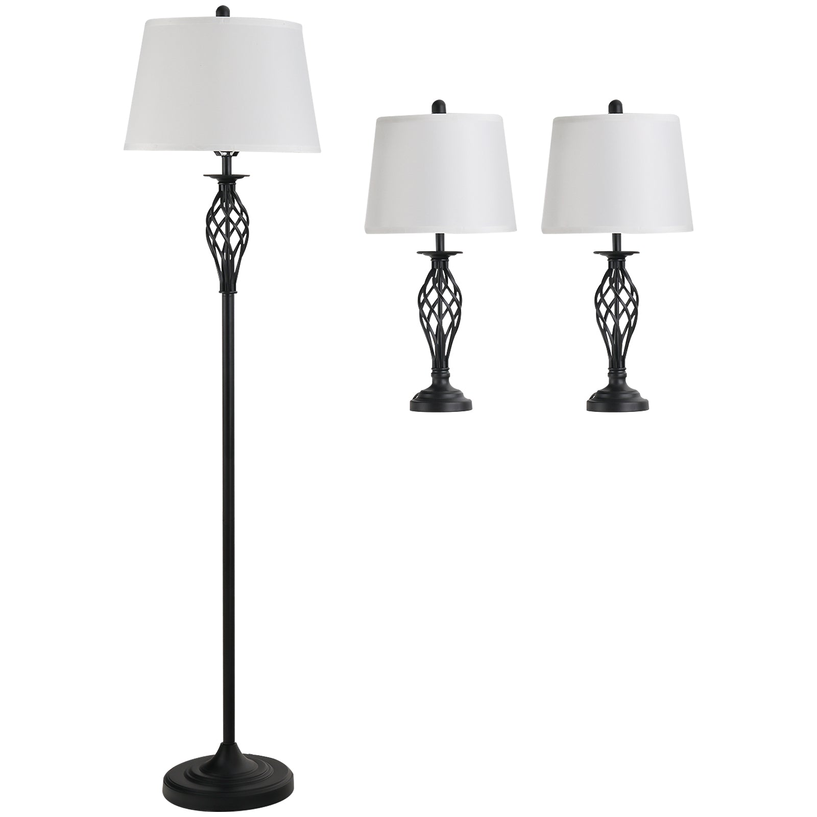 HOMCOM 3er-Lampenset 2 Tischlampe(ø38 x 158H cm) + 1 Stehlampe(ø30 x 62H cm) Metall, PS, Polyester, Baumwolle, Vintage, Schwarz+Weiß