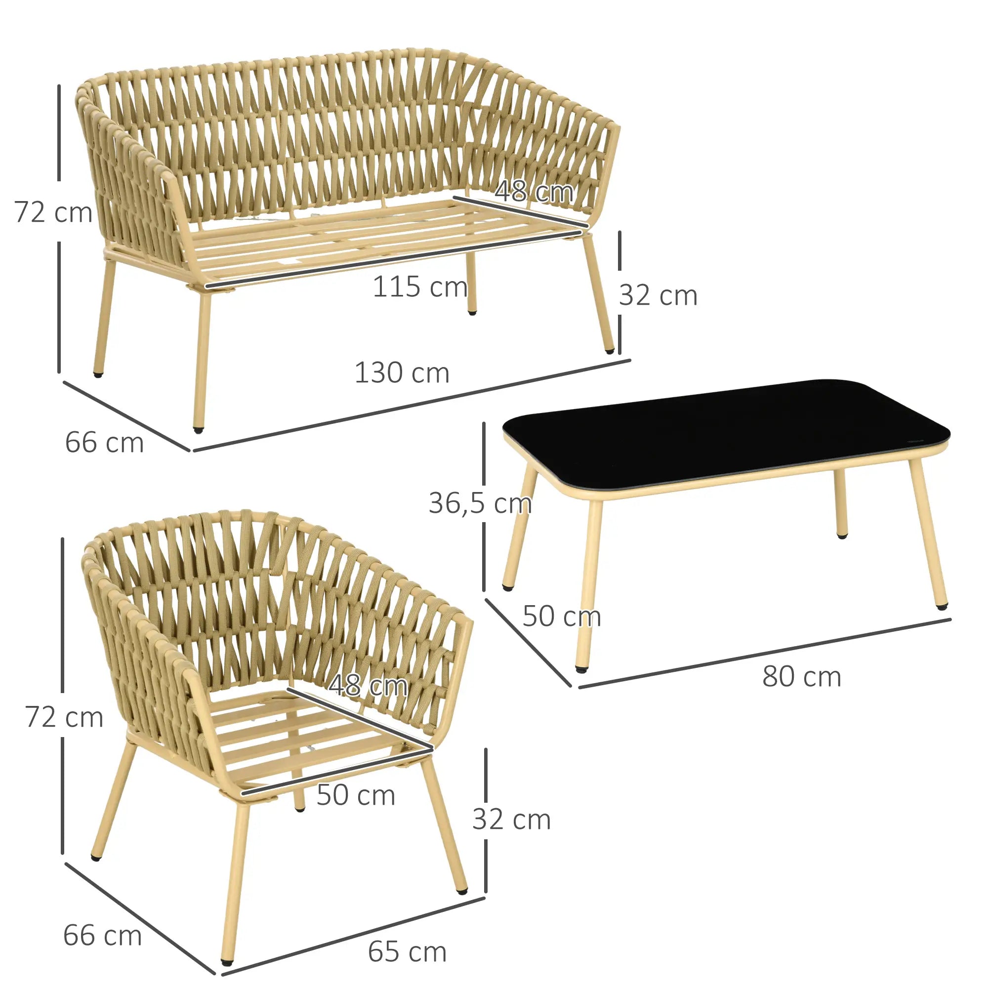 Outsunny Gartenmöbel-Set, 4-teilig, Tisch mit Glasplatte, inkl. Sitzkissen, wetterfest, Khaki