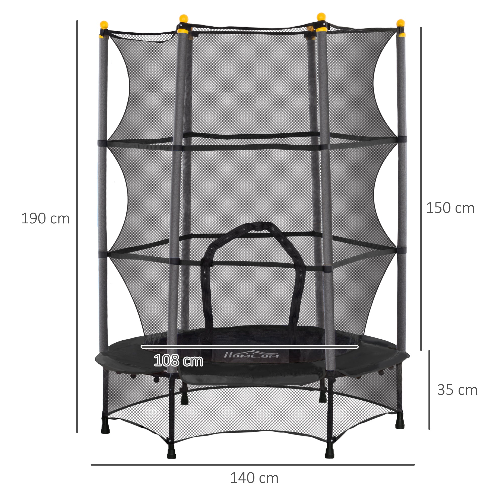 HOMCOM Trampolin für Kinder, Ø140 cm, mit Sicherheitsnetz, für innen und außen, Stahl, Kunststoff, belastbar bis 50 kg, Schwarz