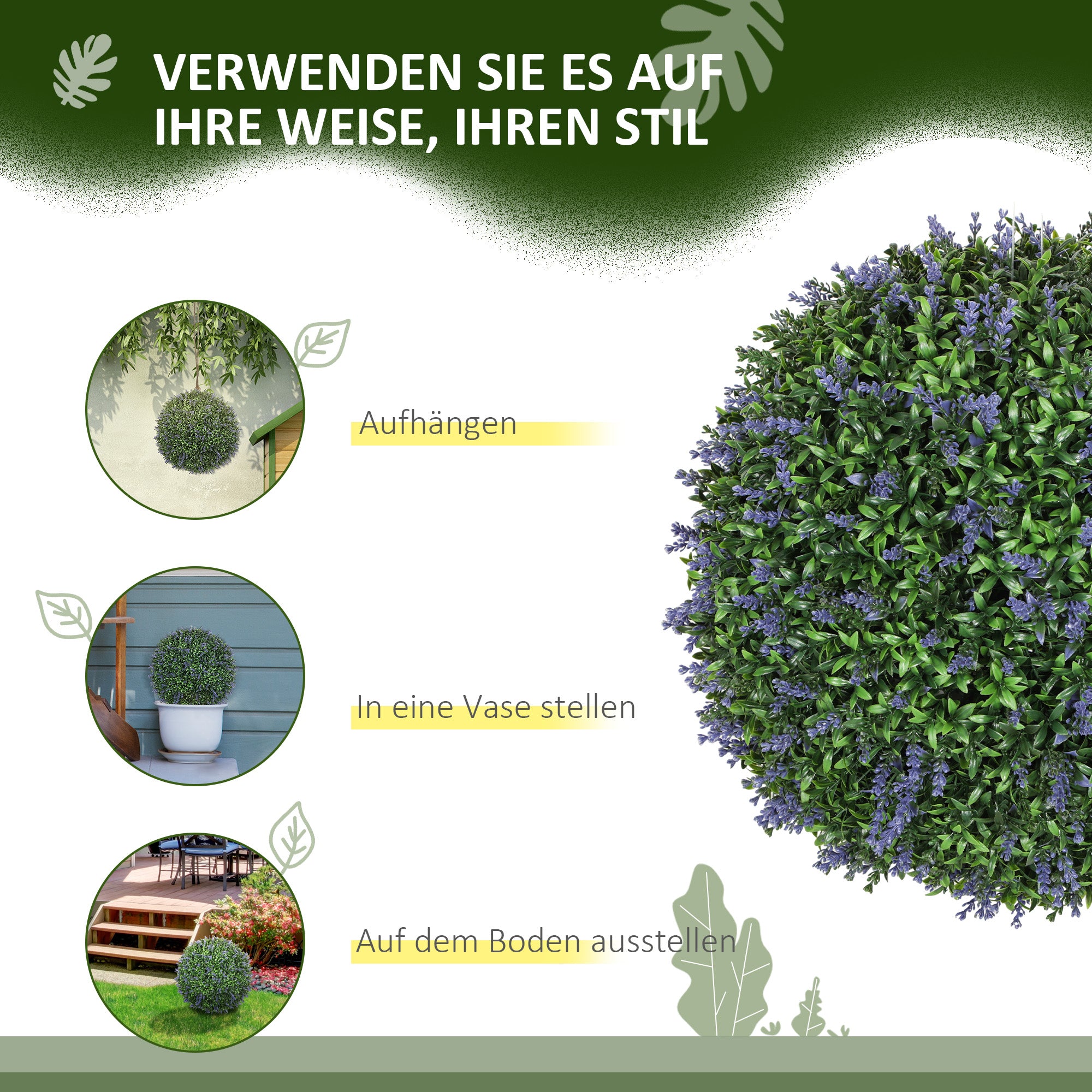 HOMCOM 2er-Set künstliche Pflanzen in Kugelform, UV-beständig, Kunstpflanzen für Indoor- und Outdoor-Bereich, 42 cm, Grün+Lila