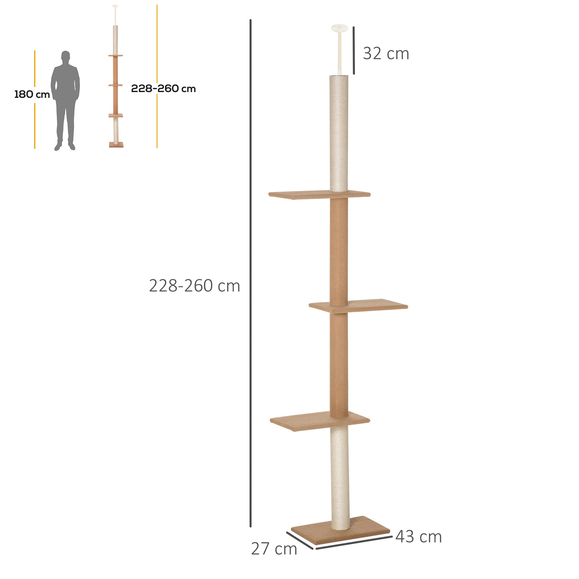 PawHut Kratzbaum Deckenhoch, 228-260 cm Höhenverstellbarer Katzenbaum Kletterbaum für Katzen mit 3 Ebenen, Katzenkratzbaum, Spielbaum vom Boden bis zur Decke Khaki
