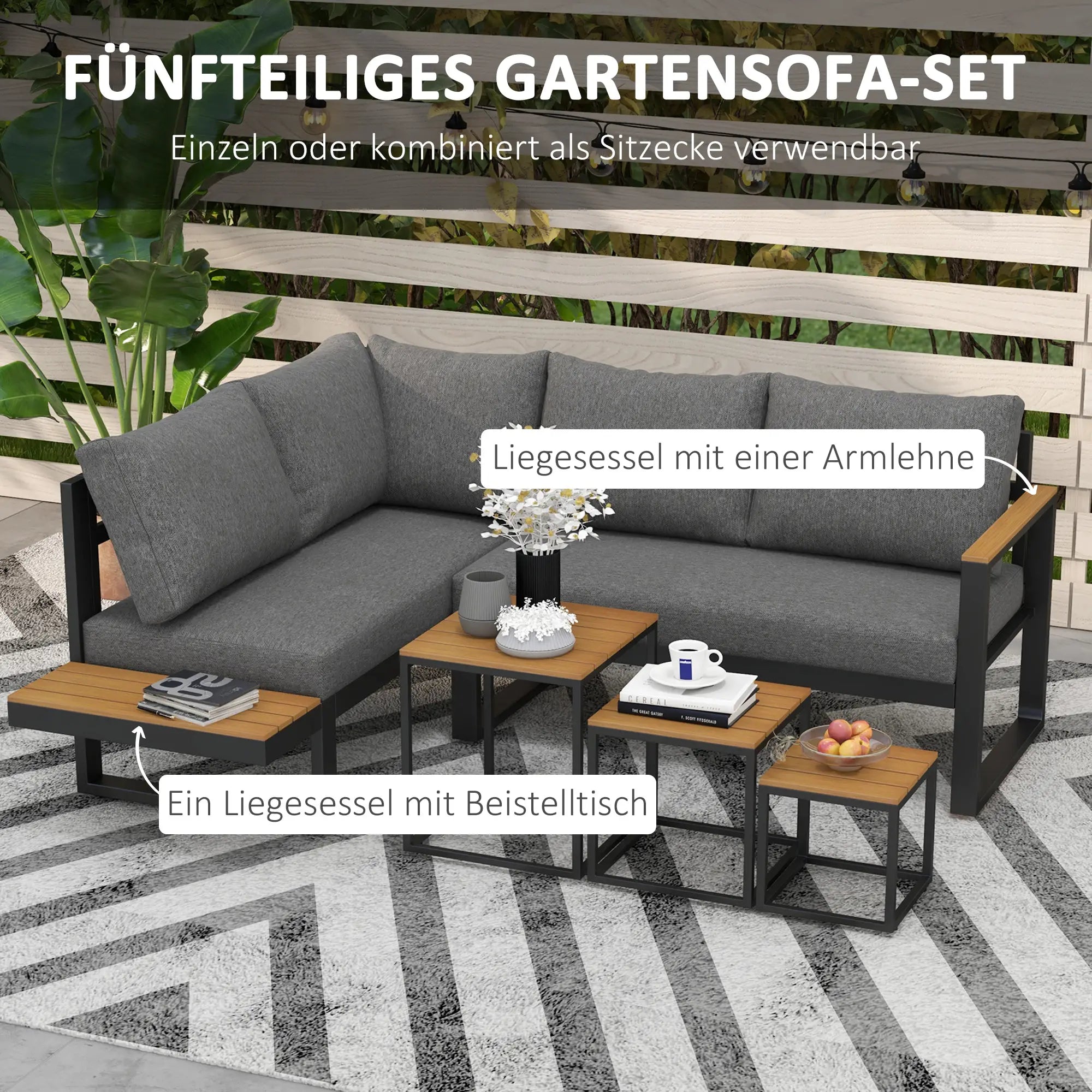 Outsunny Gartenmöbelset 5-tlg. Outdoor-Sofa mit 3 Couchtischen Aluminium