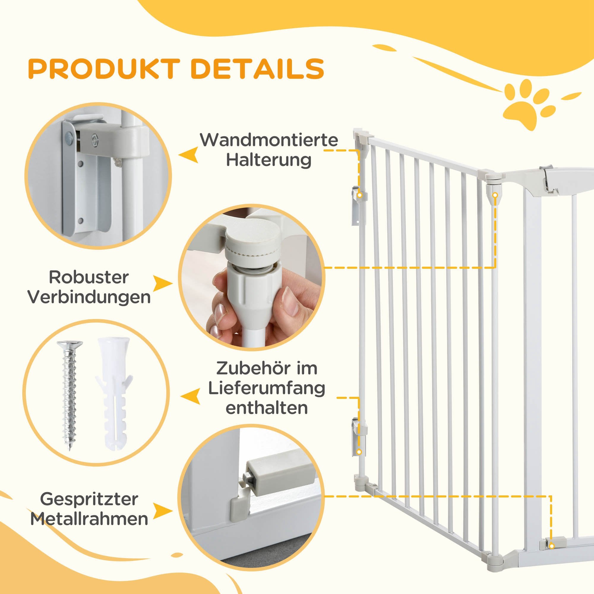 PawHut Absperrgitter für Hunde Schutzgitter Hundegitter Türschutzgitter 3 Elemente inkl. Sicherheitstür, Wandmontierte Haltung für Kamin & Ofen, Metall Weiß 180 x 3 x 74,5 cm