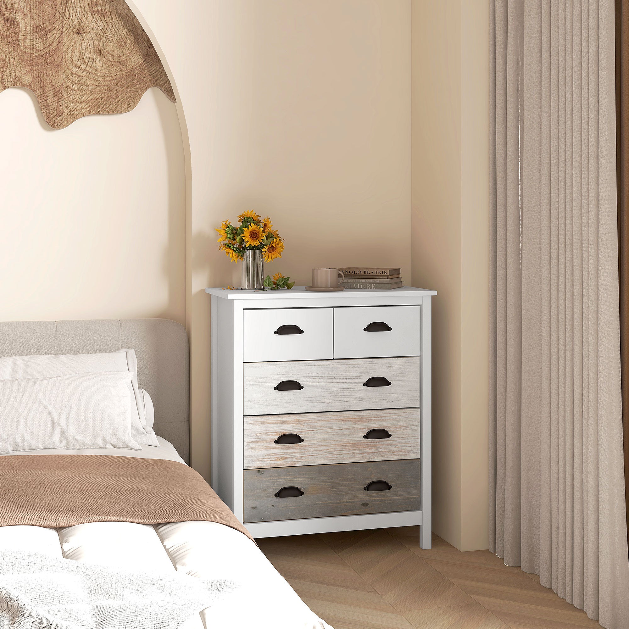HOMCOM Sideboard, Kommode, 5 Schubladen, lackierte Oberfläche, MDF & Kiefernholz, 70 x 38 x 85 cm, Weiß