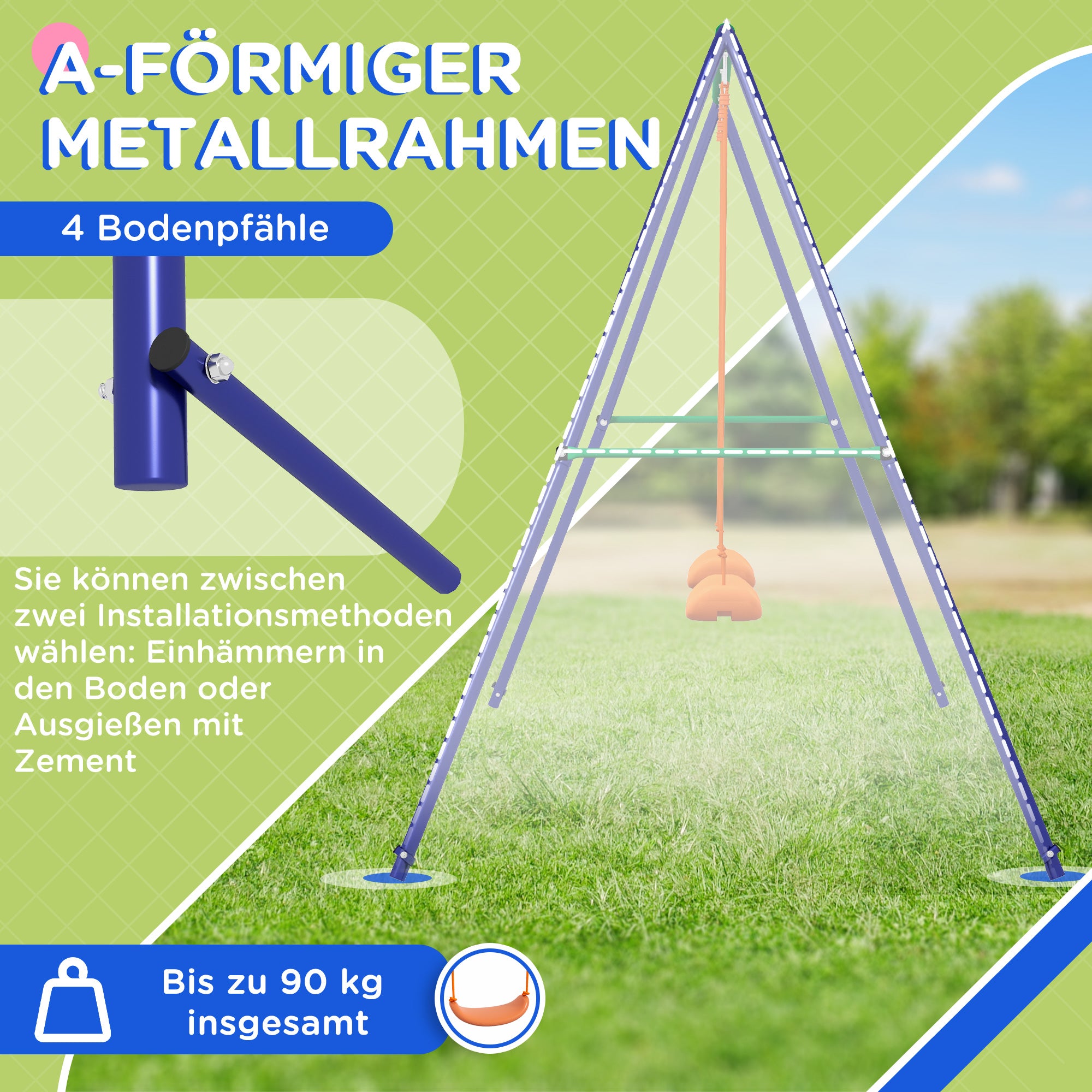Outsunny Kinder-Schaukelgestell mit 2 Schaukelsitzen, für 3-8 Jahre, Stahl, 2,7 x 1,6 x 1,8 m