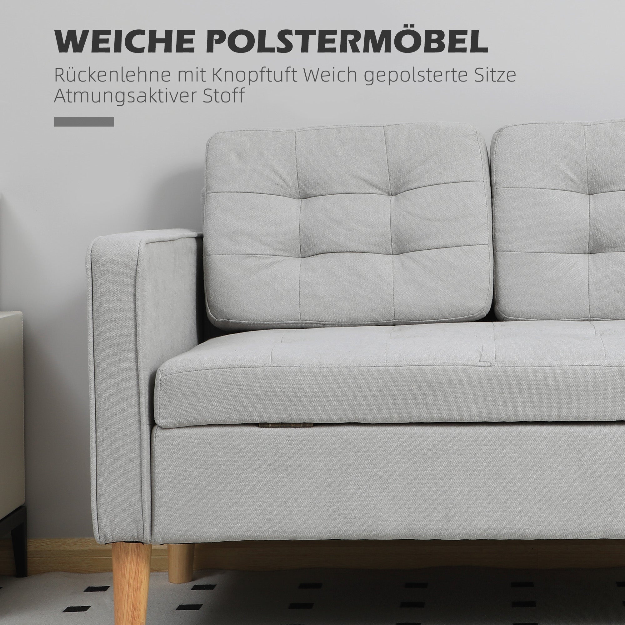 HOMCOM Zweisitzer-Sofa mit Stauraum, Knopfheftung, Kissen, Kautschukbaumholz, 117x62x78cm, Hellgrau