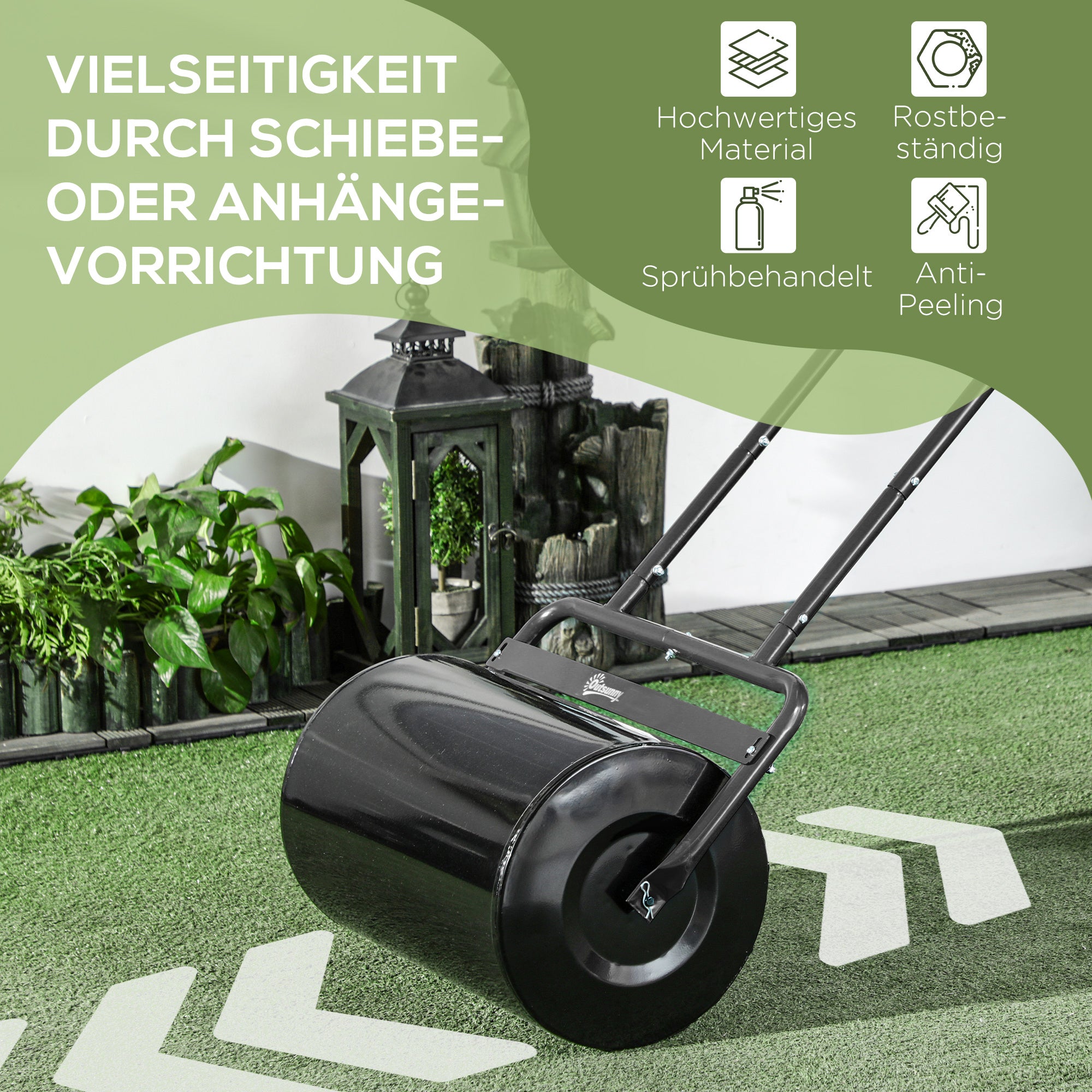 Outsunny Rasenwalze mit U-Griff, Gartenwalze, Gartenrolle, 32 cm Durchmesser, 38 L Wasser-/62 kg Sand, Metall, Schwarz, 58 x 32,5 x 113 cm