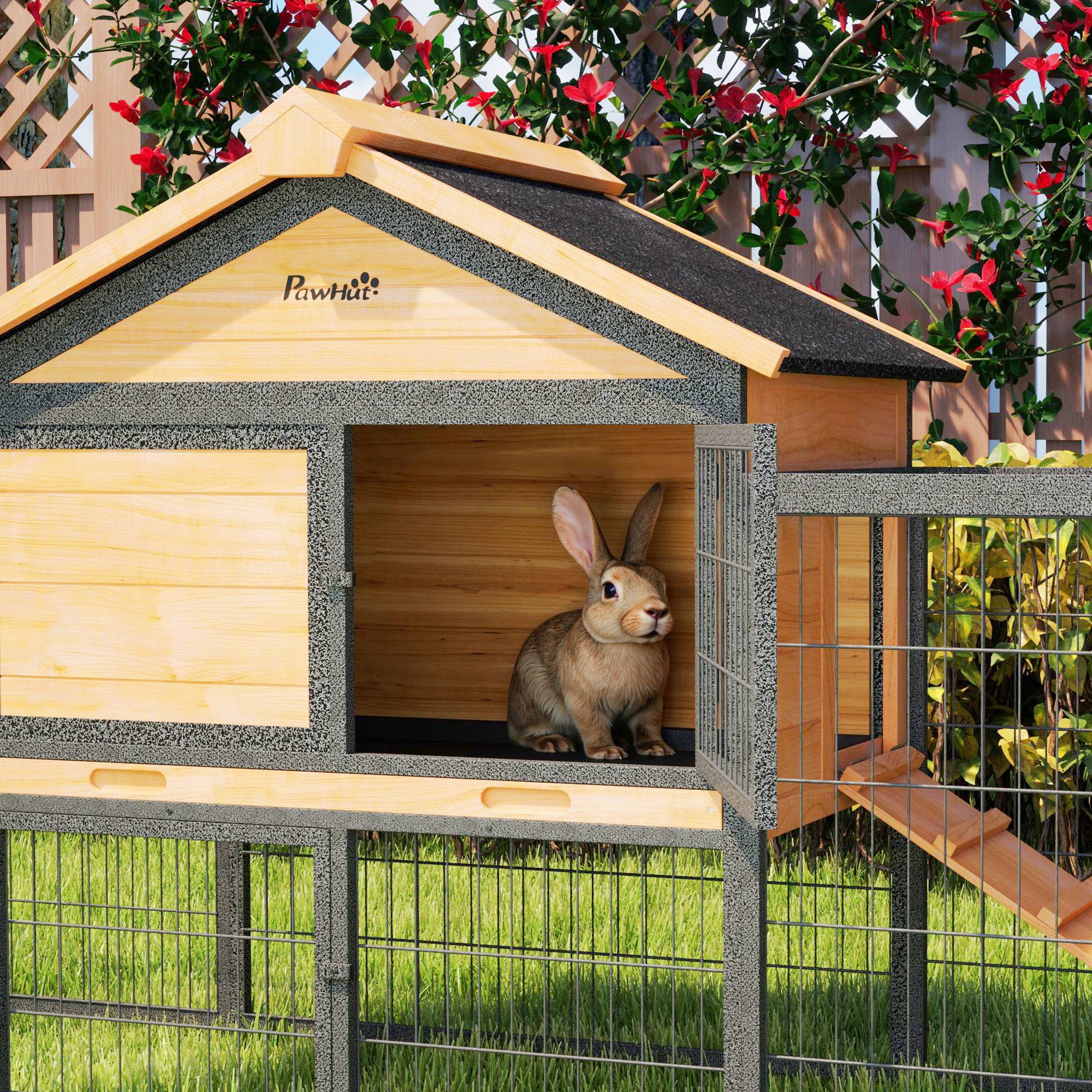 PawHut Hasenstall 2 Ebenen Kaninchenstall aus Vollholz Winterfest Doppelstockhaus mit Freilaufgehege 217x53x86 cm Gelb