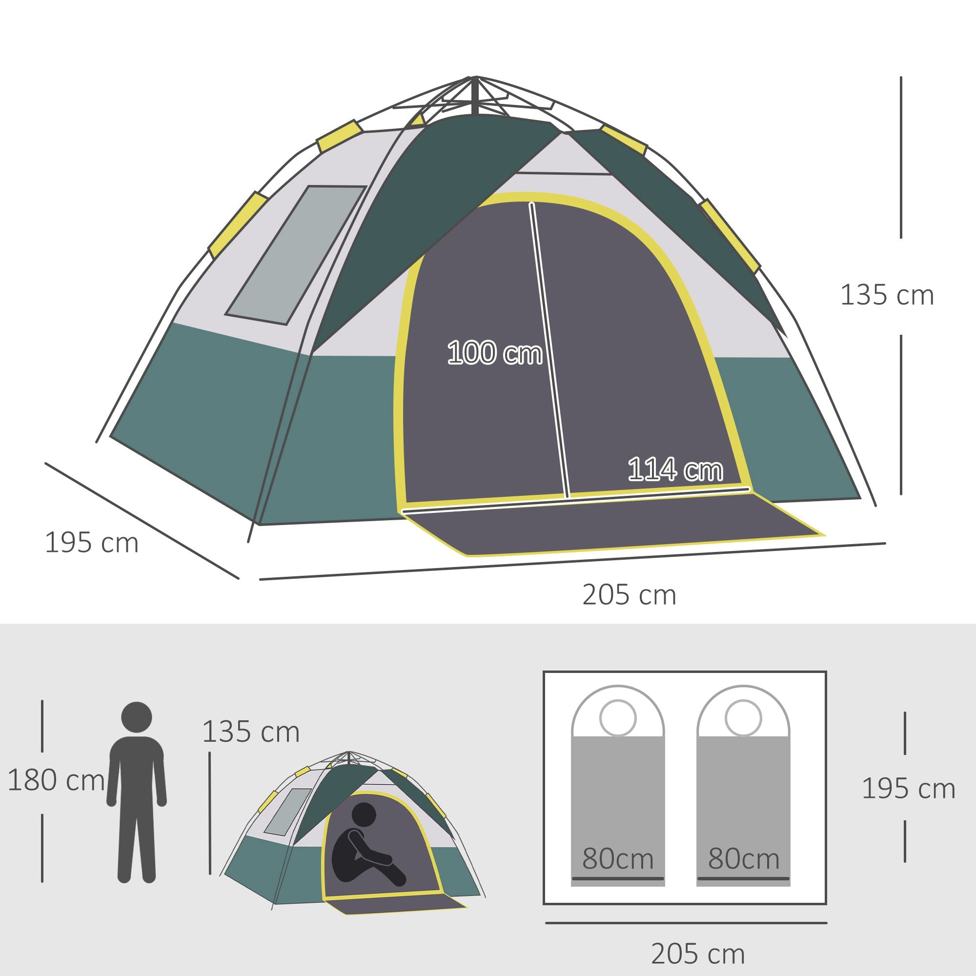 Outsunny Campingzelt für 3 Personen Pop-up Kuppelzelt mit Fenster, Packtasche, Haken, Bodenplane, Familienzelt mit 1000mm Wassersäule Zelt für Camping Reise Trekking Garten