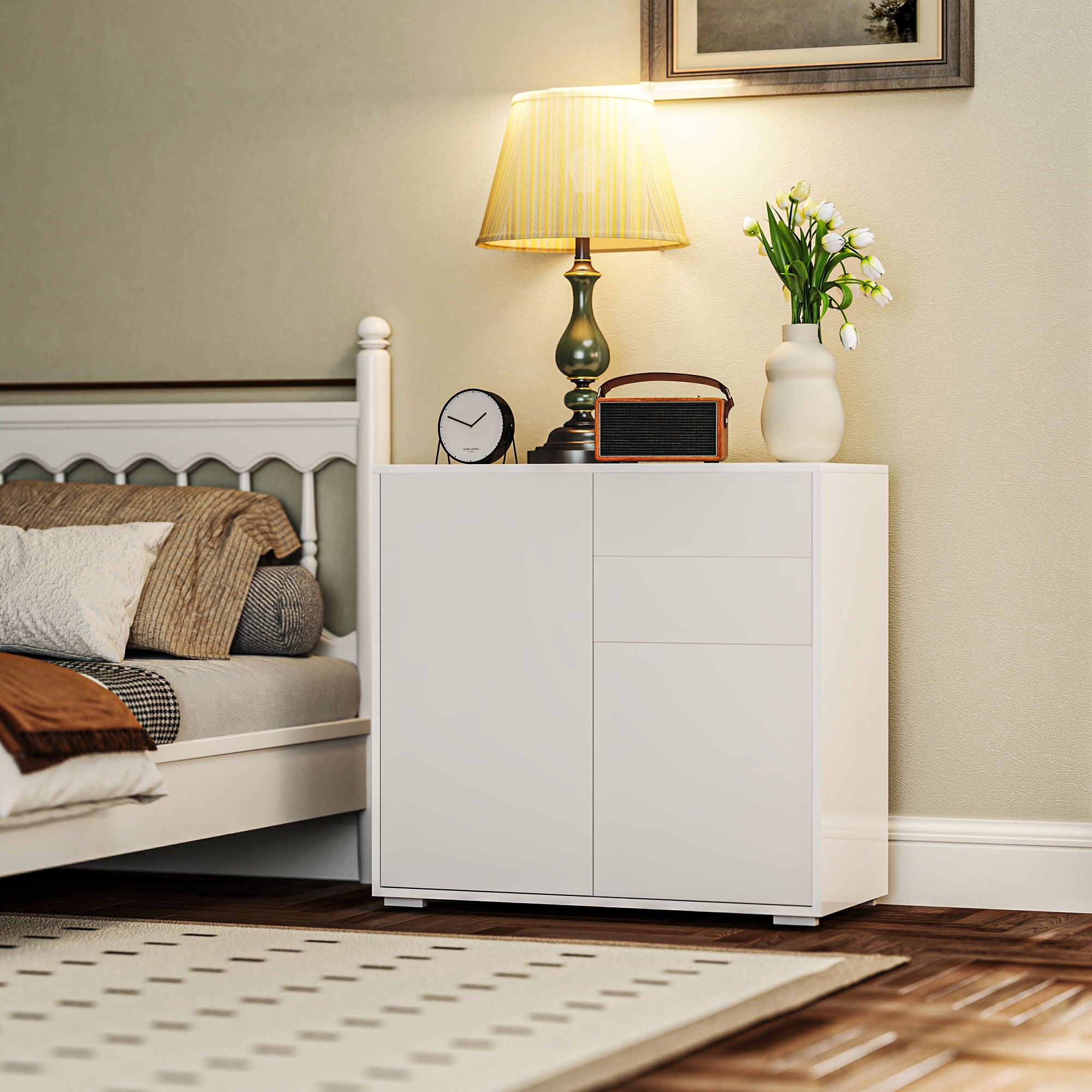 HOMCOM Aufbewahrungsschrank mit 2 Schubladen, 2 Türen, mit Kippschutz, für Wohnzimmer, Schlafzimmer, 79 x 36 x 74 cm, Weiß