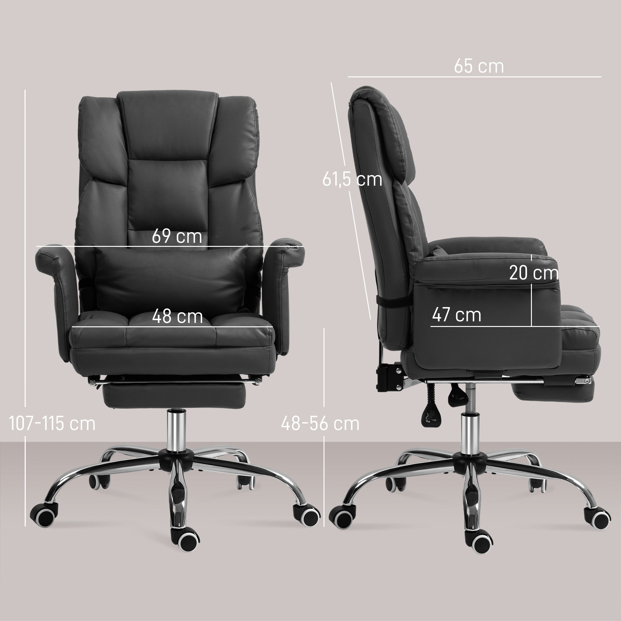 HOMCOM Ergonomischer Bürostuhl, höhenverstellbar 48-56 cm, neigbare Rückenlehne, Fußstütze, Schwarz