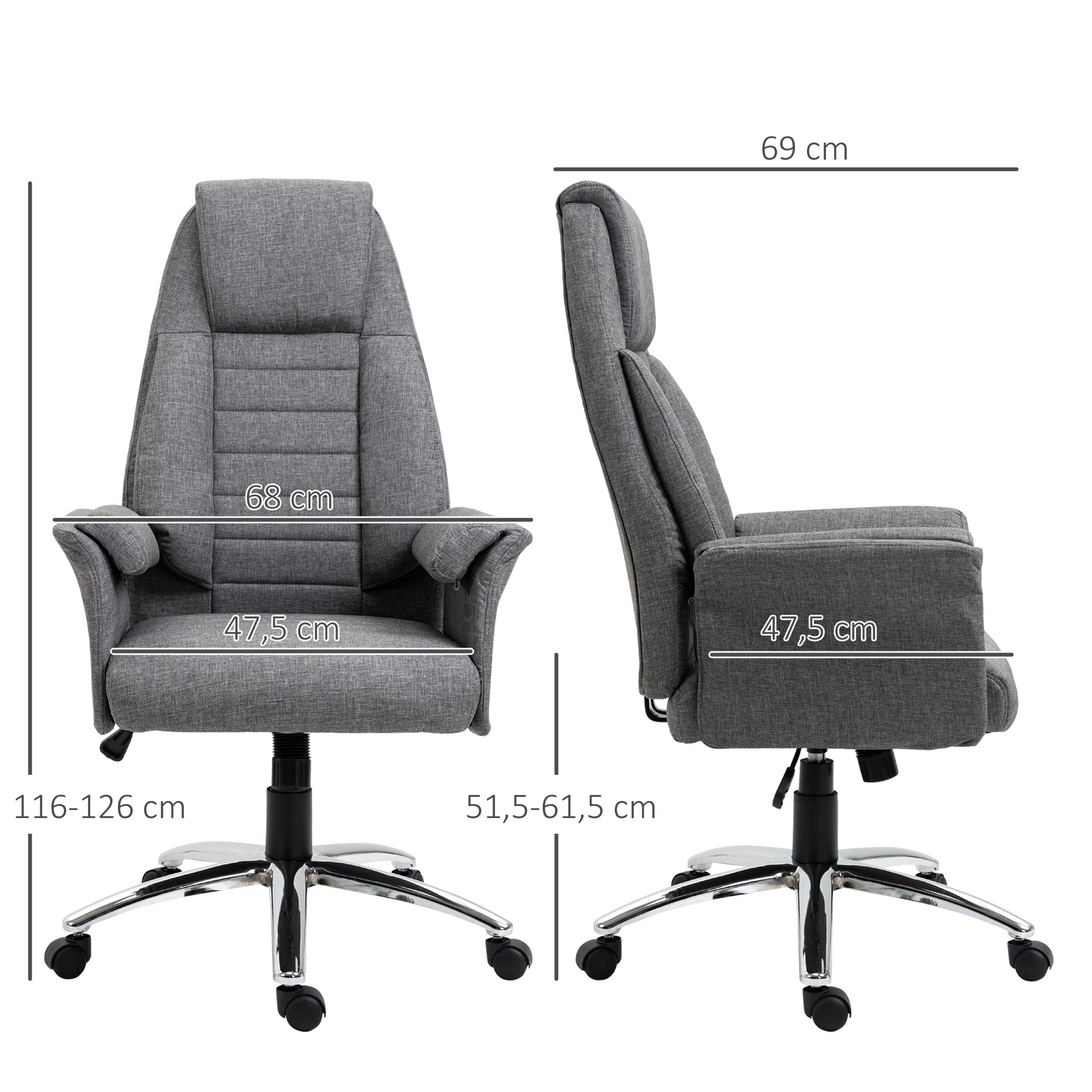 HOMCOM Chefsessel, höhenverstellbar, 5 Rollen, ergonomische Form, 68 cm x 69 cm x 126 cm, Grau