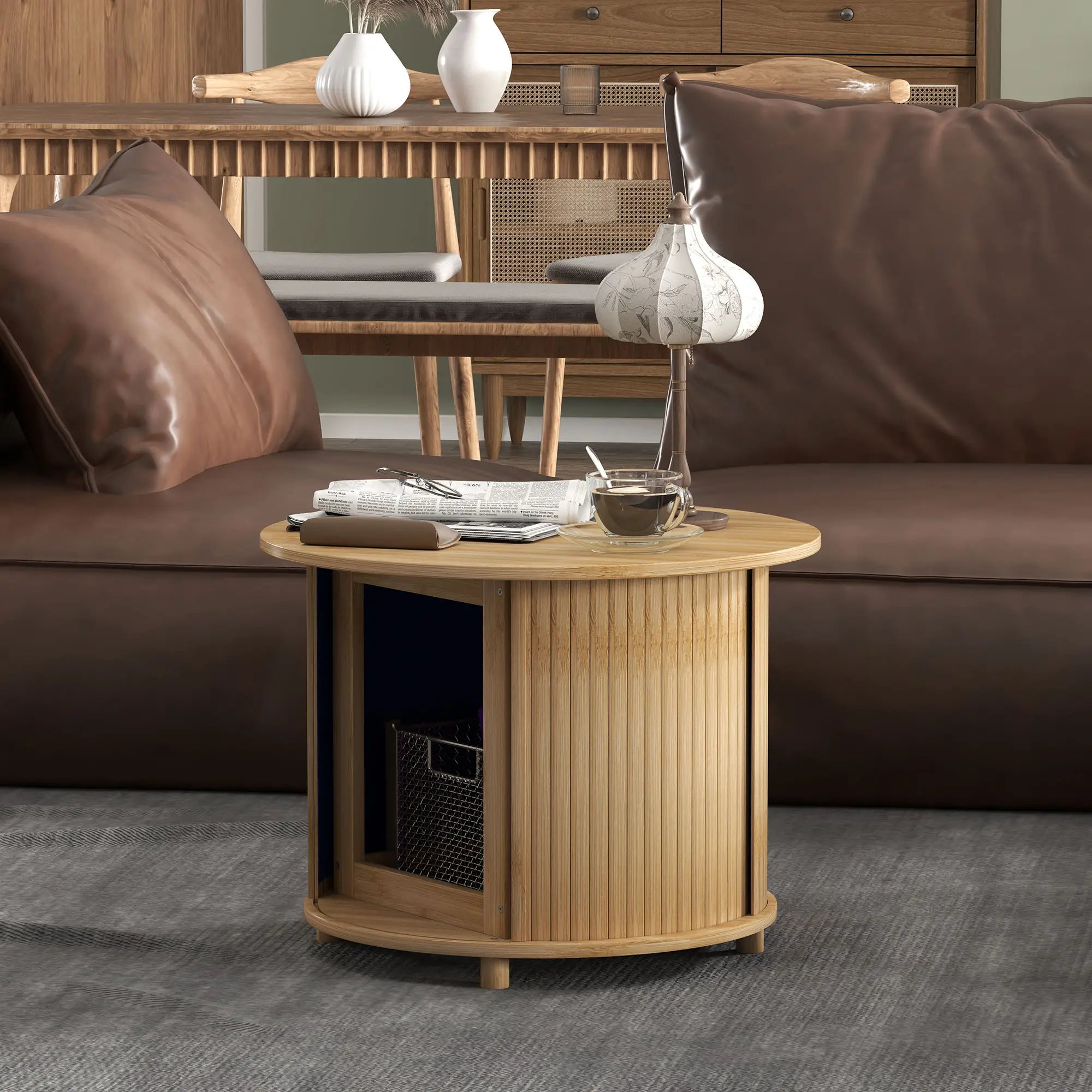 HOMCOM Couchtisch mit Stauraum und Schiebetür Bambus