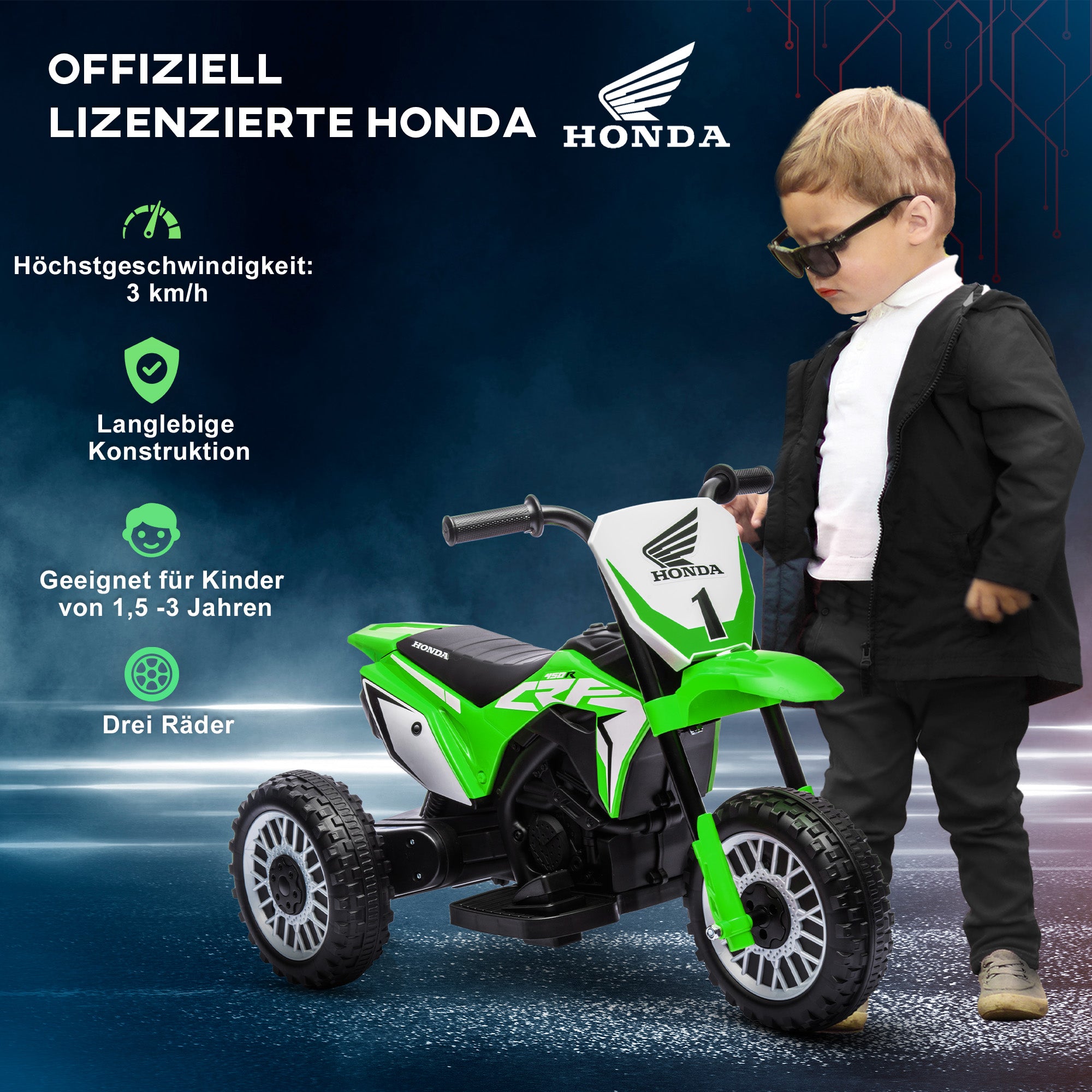 HOMCOM Elektro Kindermotorrad Honda, 3 km/h, Soundeffekte, für 18-36 Monate, Grün