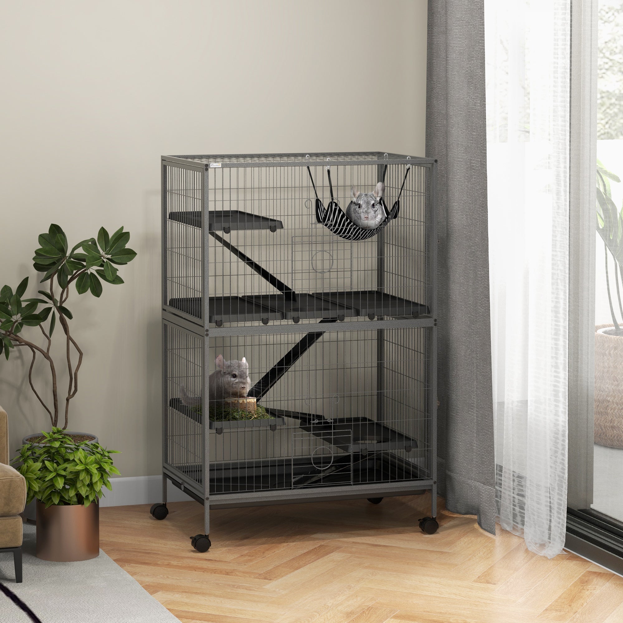 PawHut Kleintierkäfig mit Hängematte, Nagetierkäfig mit Rollen, 4-stöckiger Käfig, Metall, Kunststoff, 80 x 52 x 128 cm, Grau