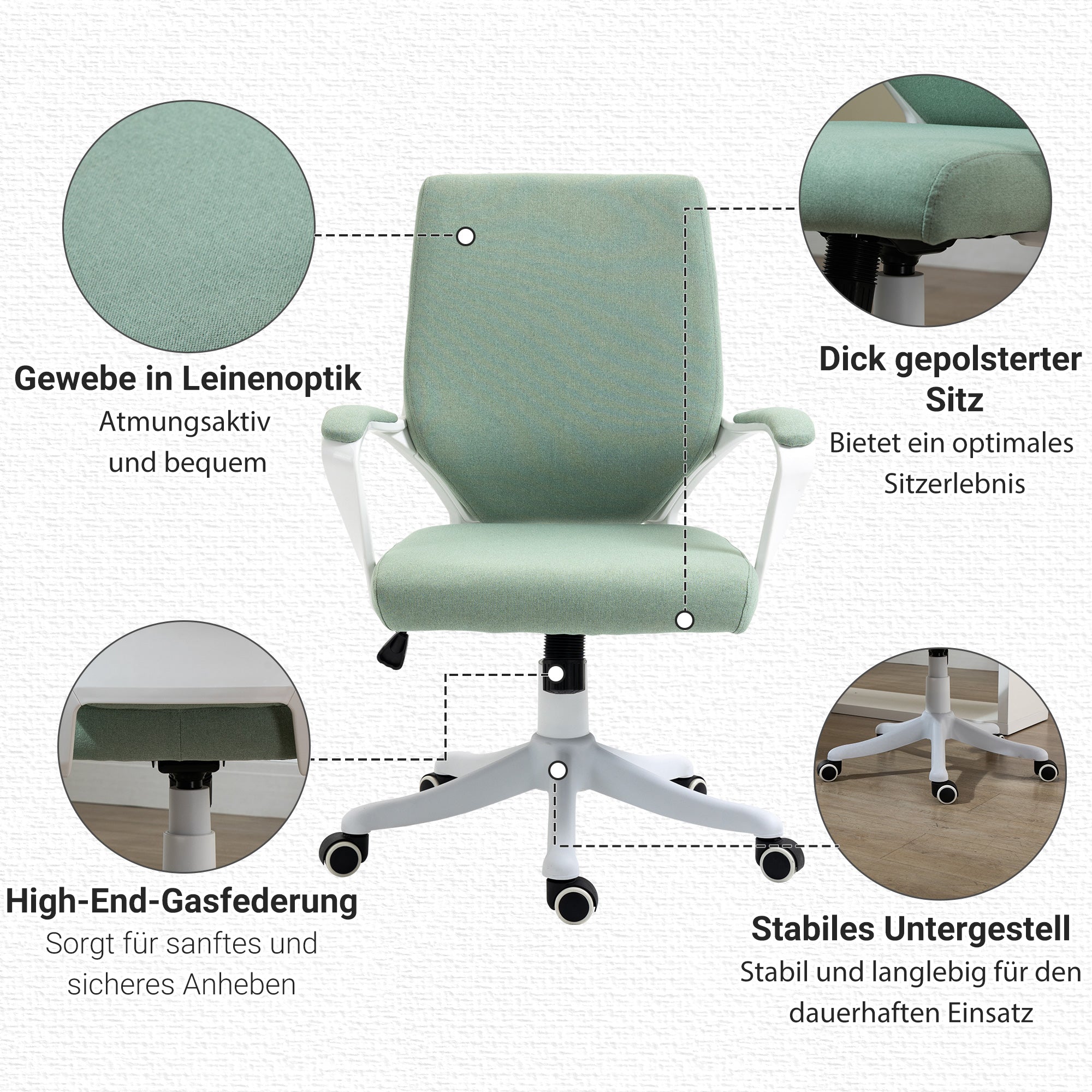 Vinsetto Bürostuhl Schreibtischstuhl Home-Office-Stuhl mit Wippenfunktion Rückenlehne höhenverstellbarer dick gepolstert ergonomisch 360°-Drehräder Polyester Nylon PP Grün+Weiß 62x69x92-100 cm