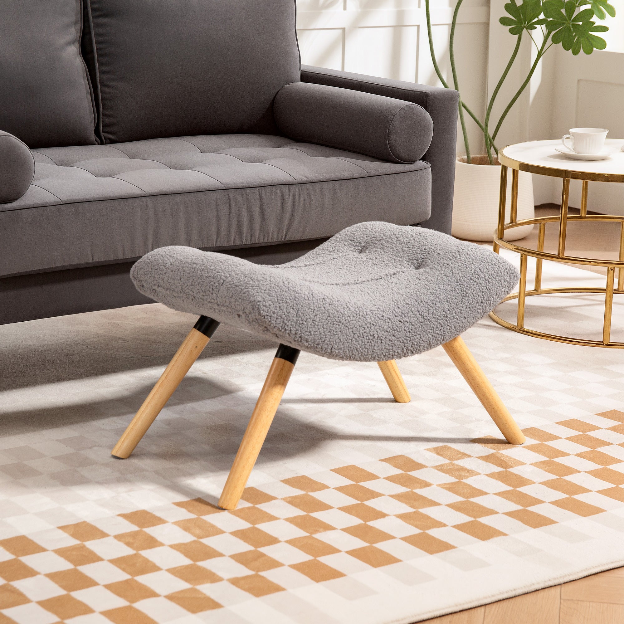 HOMCOM Moderner Fußhocker mit Fleece-Bezug und Holzbeinen, gepolstert, für Wohnzimmer, Schlafzimmer, Flur, Hellgrau