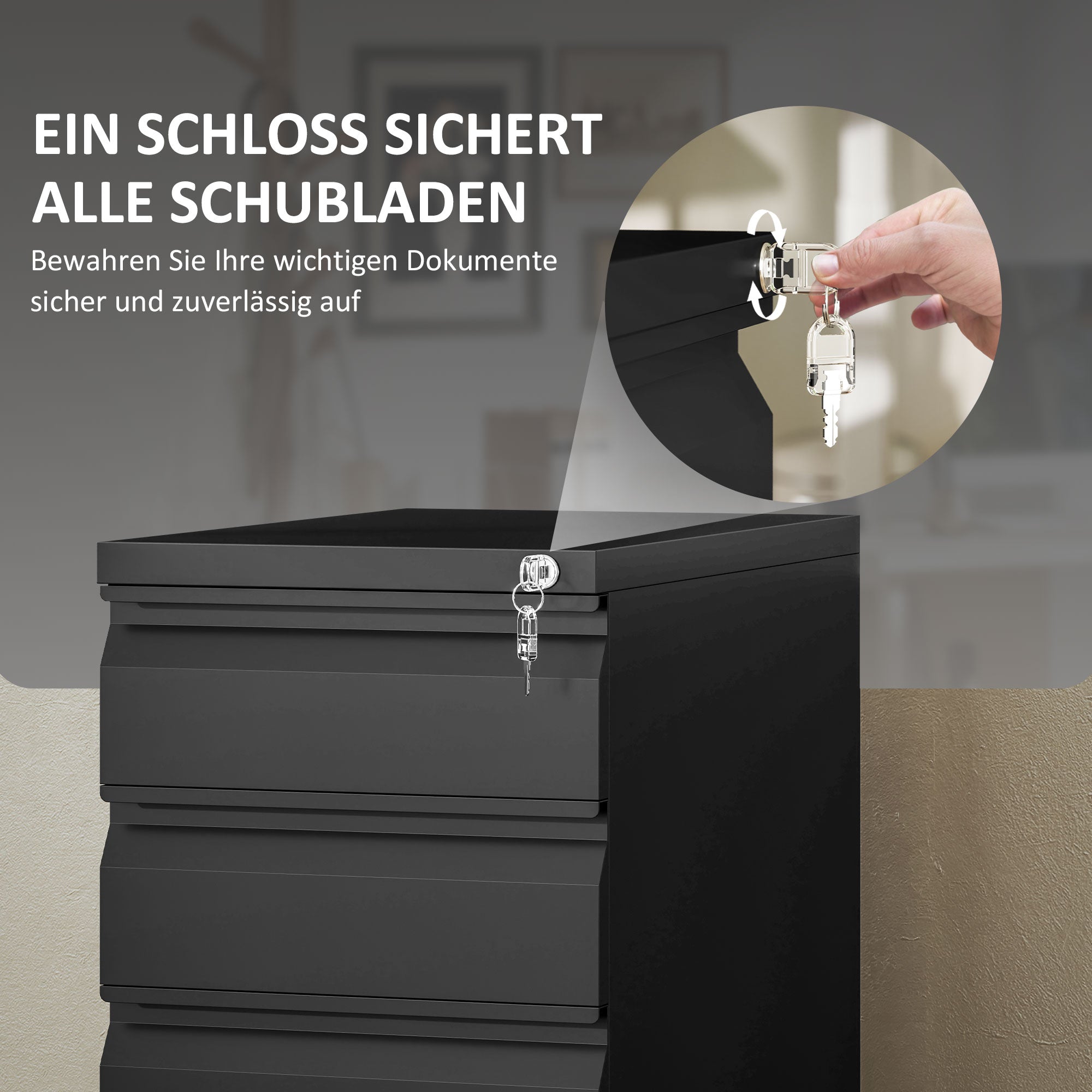 Vinsetto Aktenschrank aus Metall, Büroschrank, 3 Schubladen, rollbar, Schwarz
