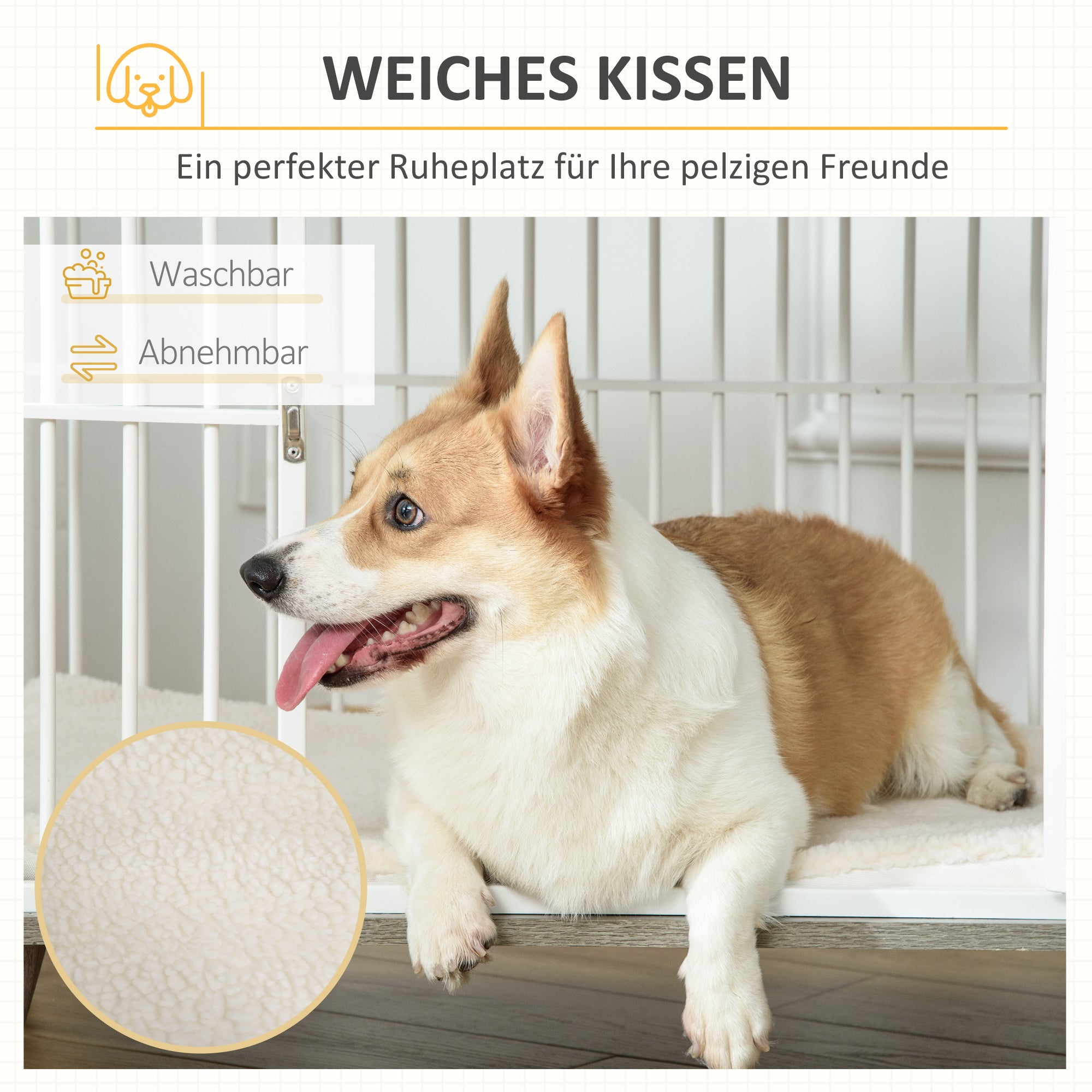 PawHut Hundekäfig aus Holz, Hundebox, Transportbox, mit Kissen, 86 cm x 60 cm x 70 cm Holzwerkstoff Stahl Weiß + Grau
