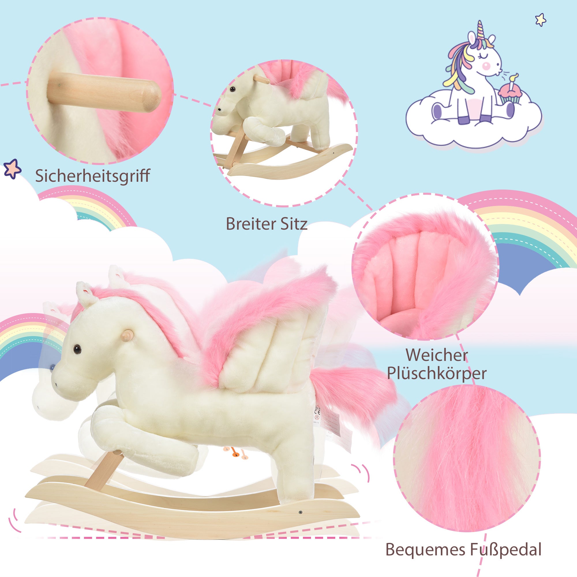 HOMCOM Kinder Schaukelpferd Baby Schaukeltier Pferd mit Tiergeräusche Spielzeug Haltegriffe für 18-36 Monate Plüsch Weiß+Rosa 70 x 28 x 57 cm