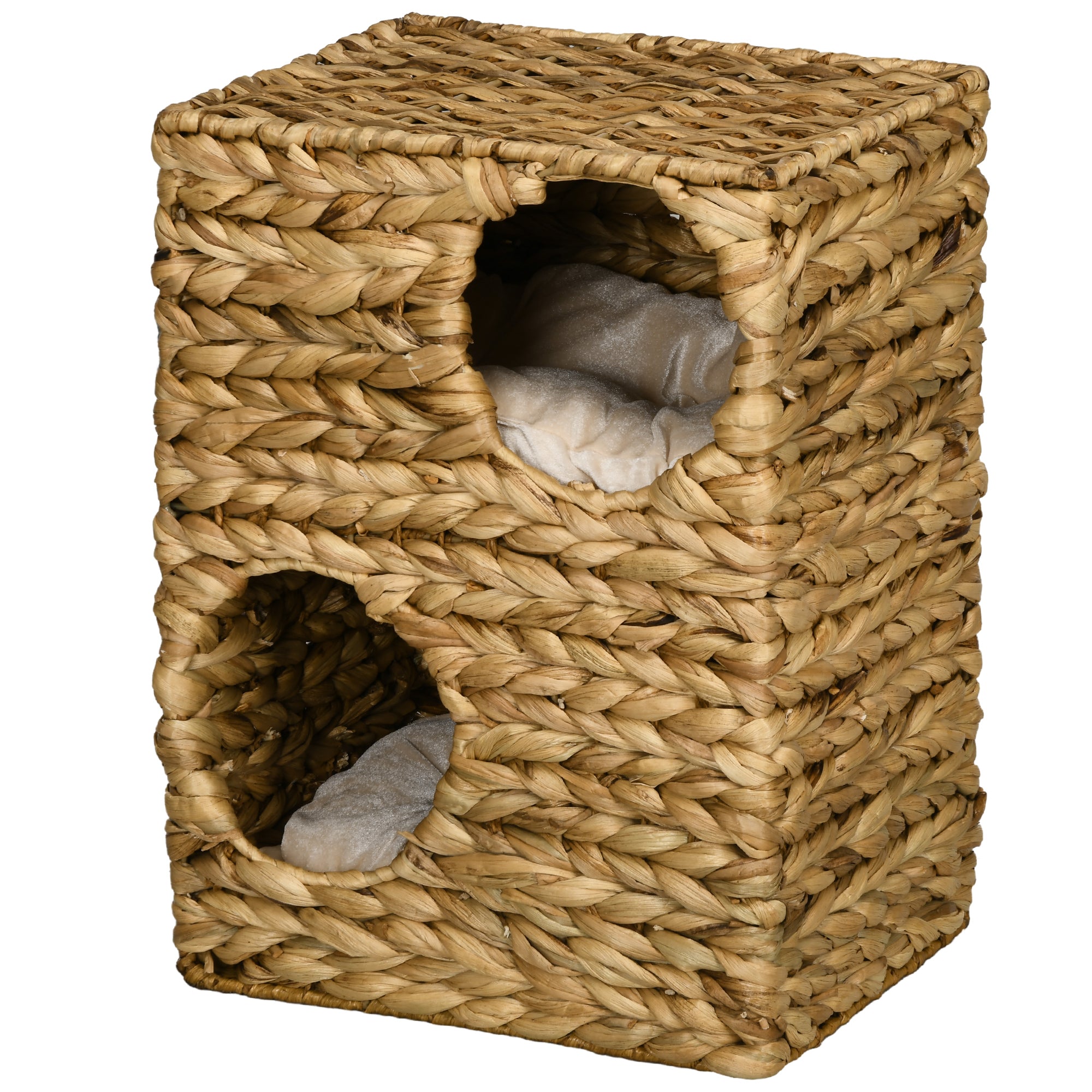 PawHut 2-stöckiges Katzenhaus mit 2 Schlafhöhlen, waschbare Kissen, Wasserhyazinthe, 40x31x55 cm, Hellbraun