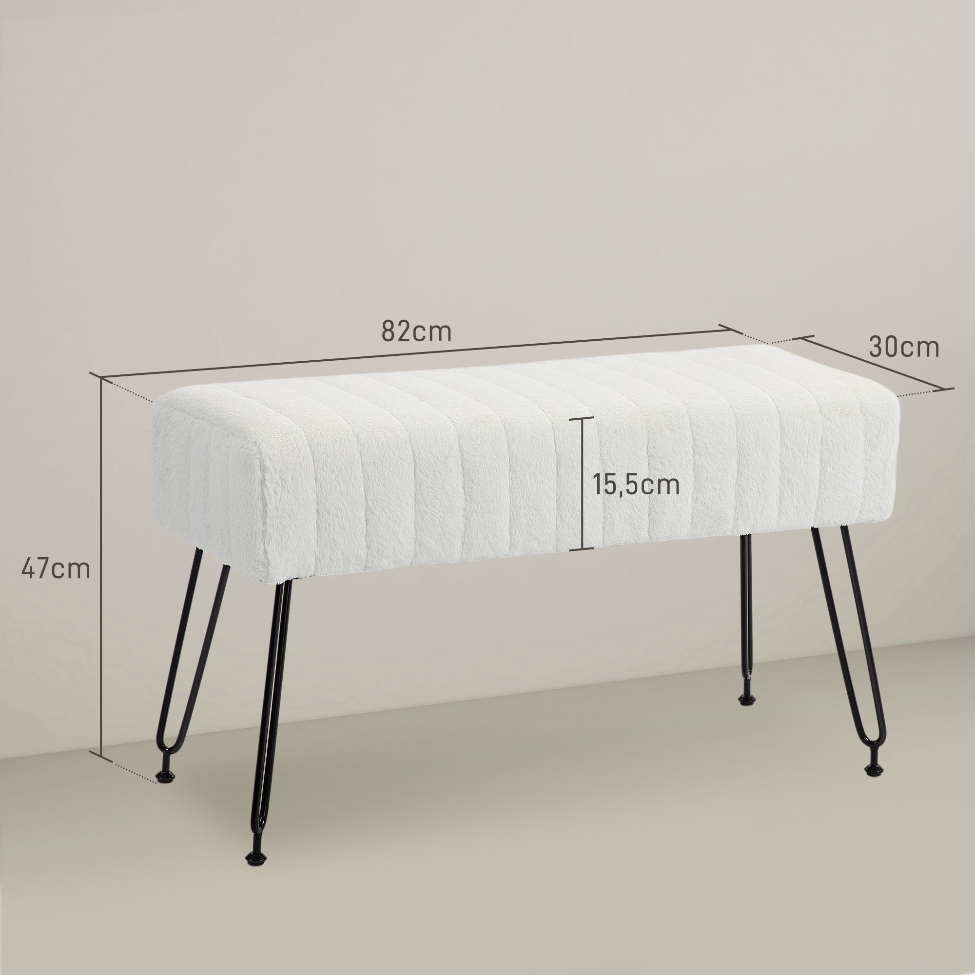 HOMCOM Sitzbank, gesteppter Sitz, Kunstfellbezug, Metallbeine, bis 120 kg, 82x30x47 cm,  Cremeweiß/Schwarz