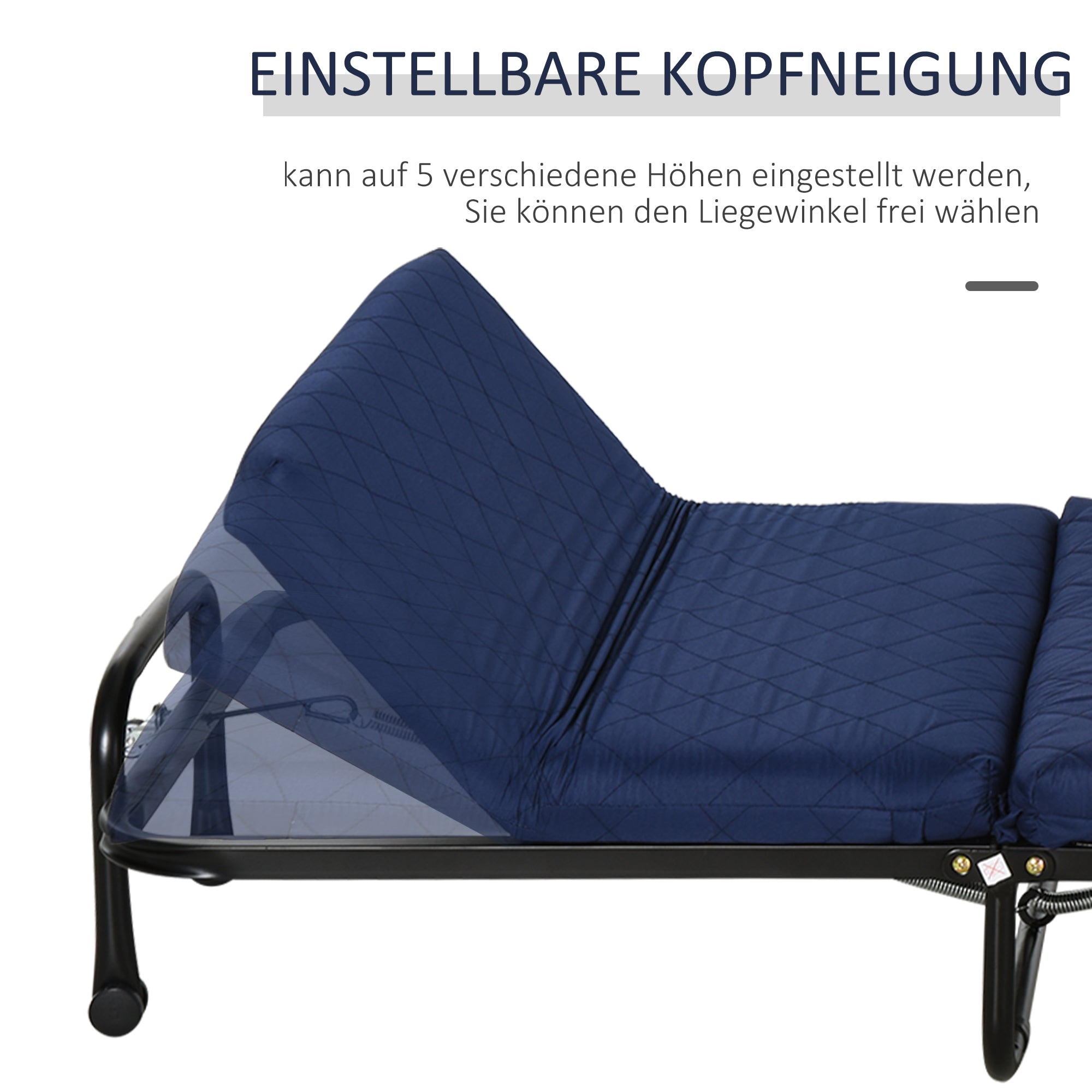 HOMCOM Klappbett 65x184 cm, Erwachsene Gästebett Klappbar mit 6 cm Dicker Schaumstoff, Reisebett mit Metallrahmen, Feldbett mit Rollen und höhenverstellbarem Kopfteil, bis 120 kg belastbar, Blau