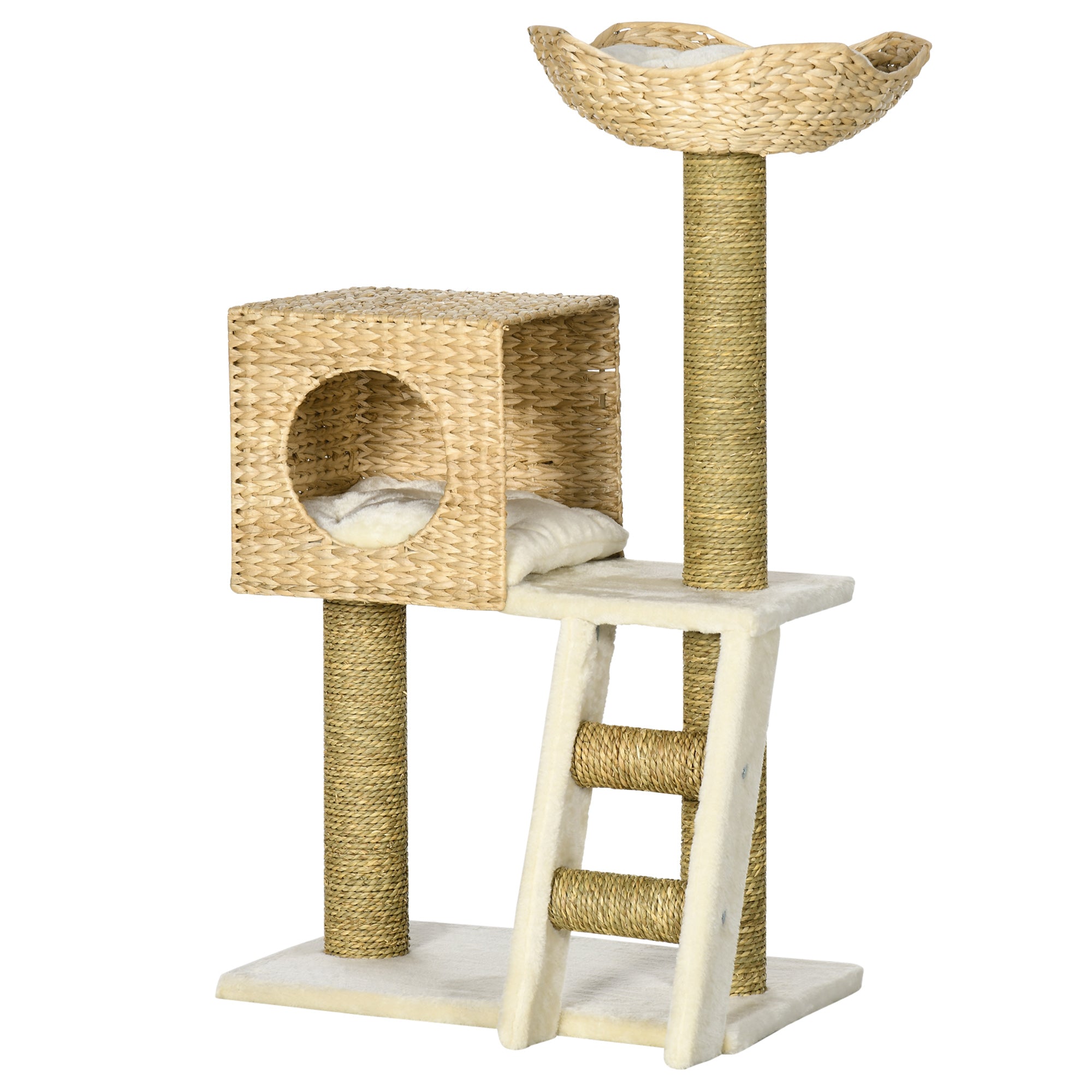 PawHut Kratzbaum mit Katzenhaus, Sisal-Kratzsäulen, waschbare Kissen, 100,5H x 57L x 37B cm, Weiß/Natur