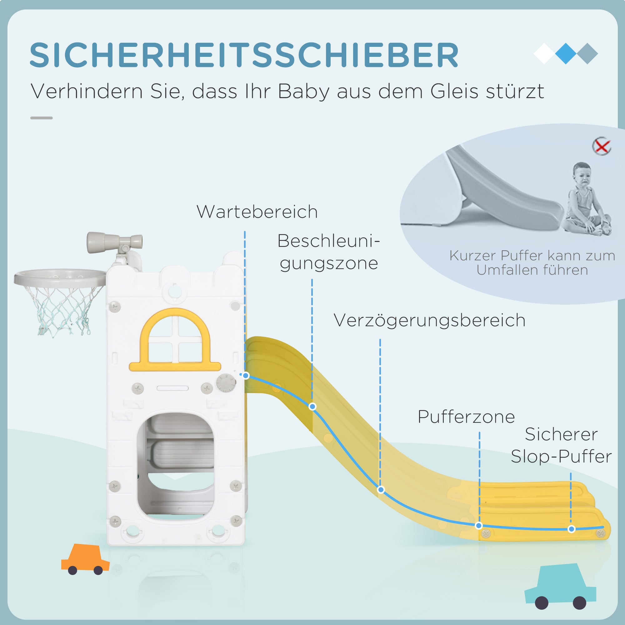 AIYAPLAY Kinderrutsche, 4 in 1, Kleinkinderrutsche mit Basketballkorb, Teleskop Klettergerüst Gelb 70 x 177 x 92 cm
