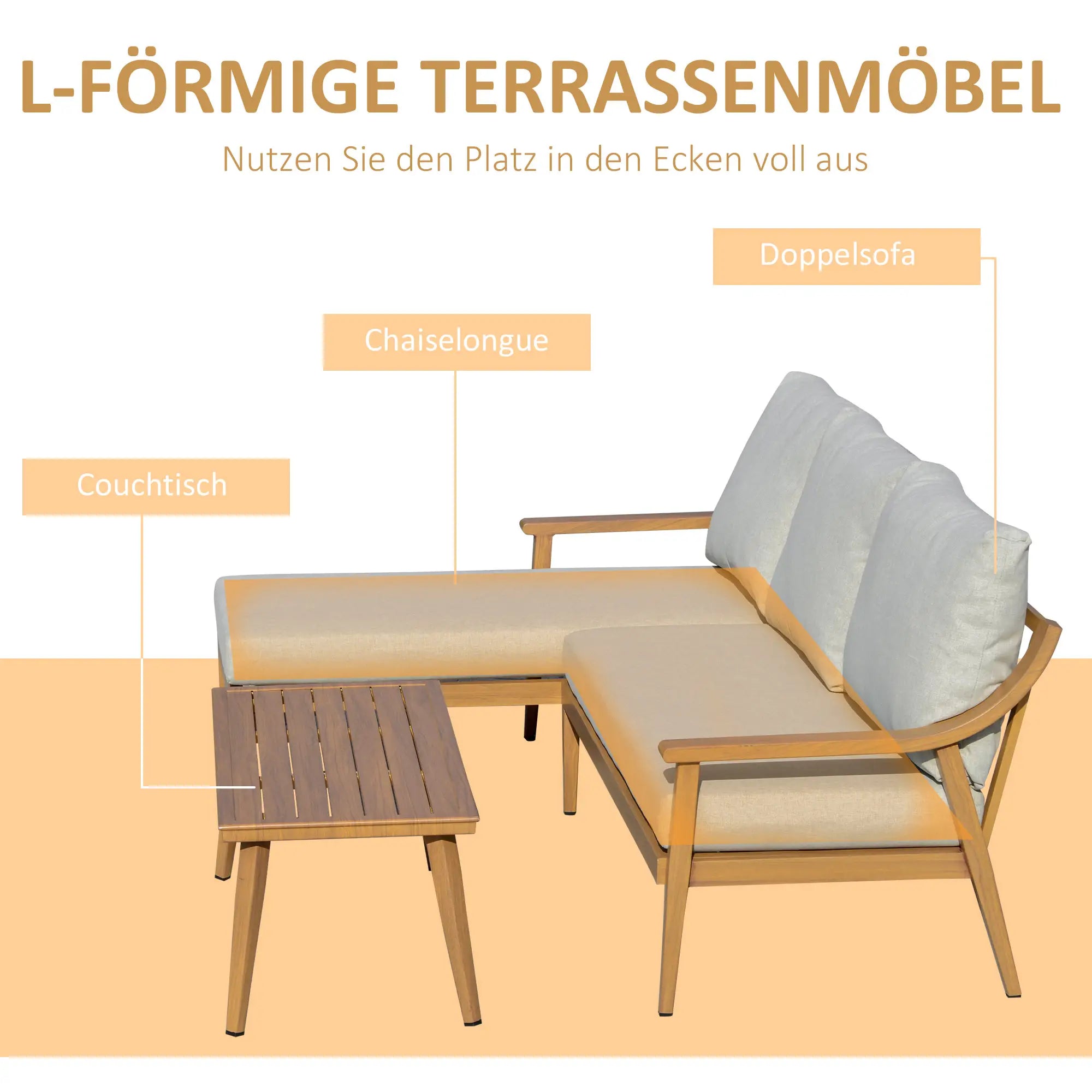 Outsunny Gartenmöbelset 3-tlg. mit Chaiselongue Outdoor Aluminium Naturholz