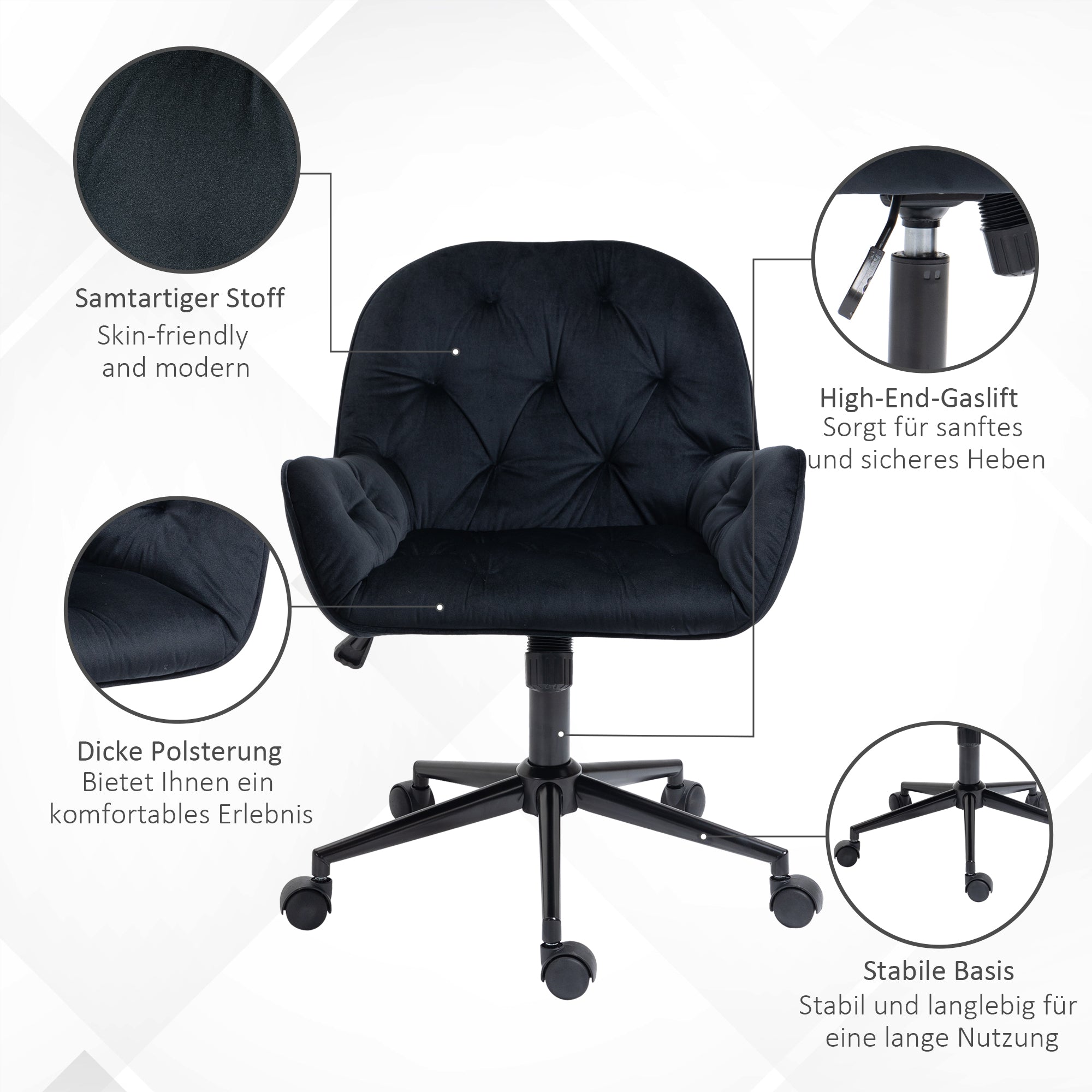 Vinsetto Bürostuhl Drehstuhl Bürosessel höhenverstellbarer Chefsessel Stuhl Schreibtischstuhl Sessel Büro samtartiges Polyester Schwarz 60 x 61 x 81-91 cm