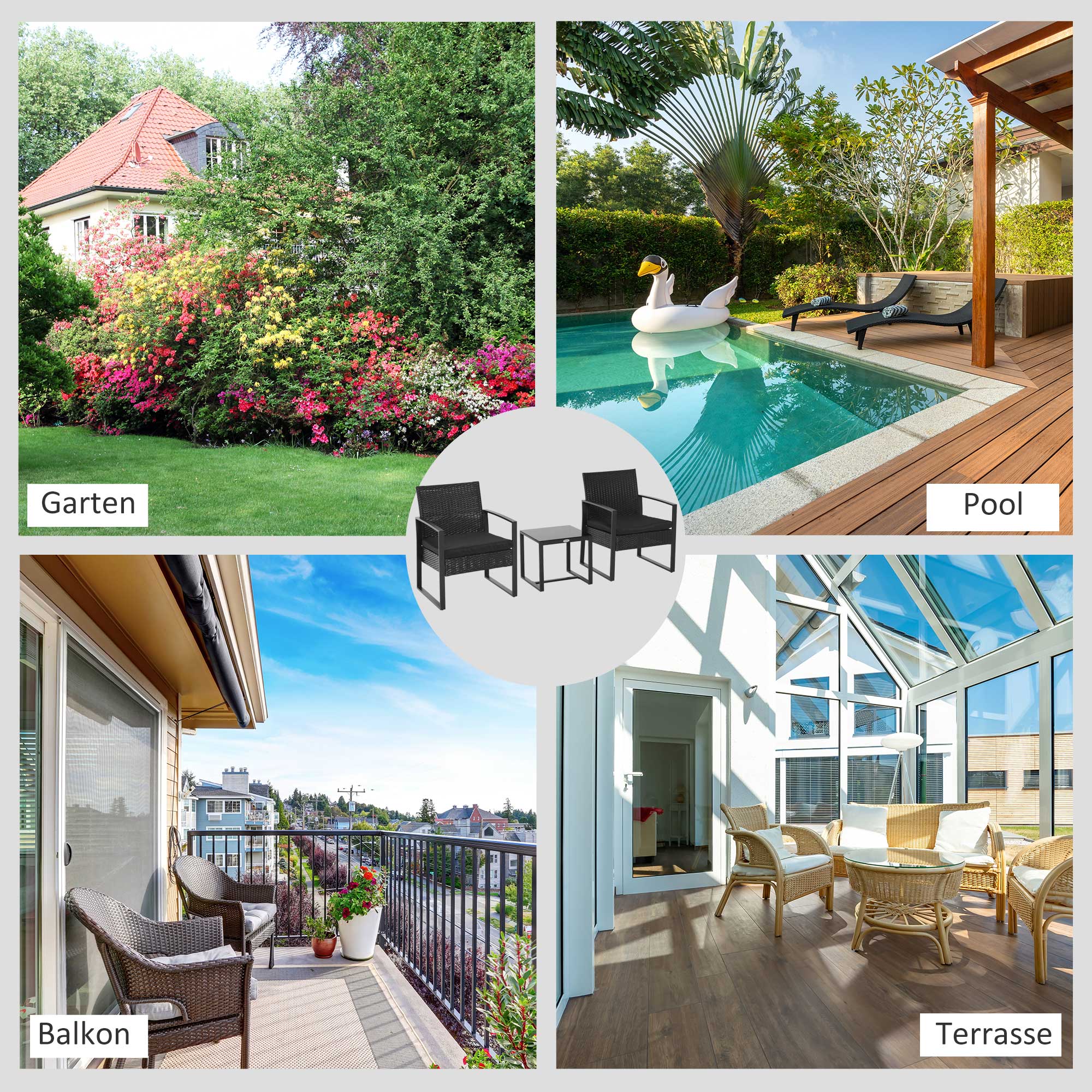Outsunny Polyrattan Gartenset für 2 Personen Balkonmöbel Set mit Kissen Schwarz