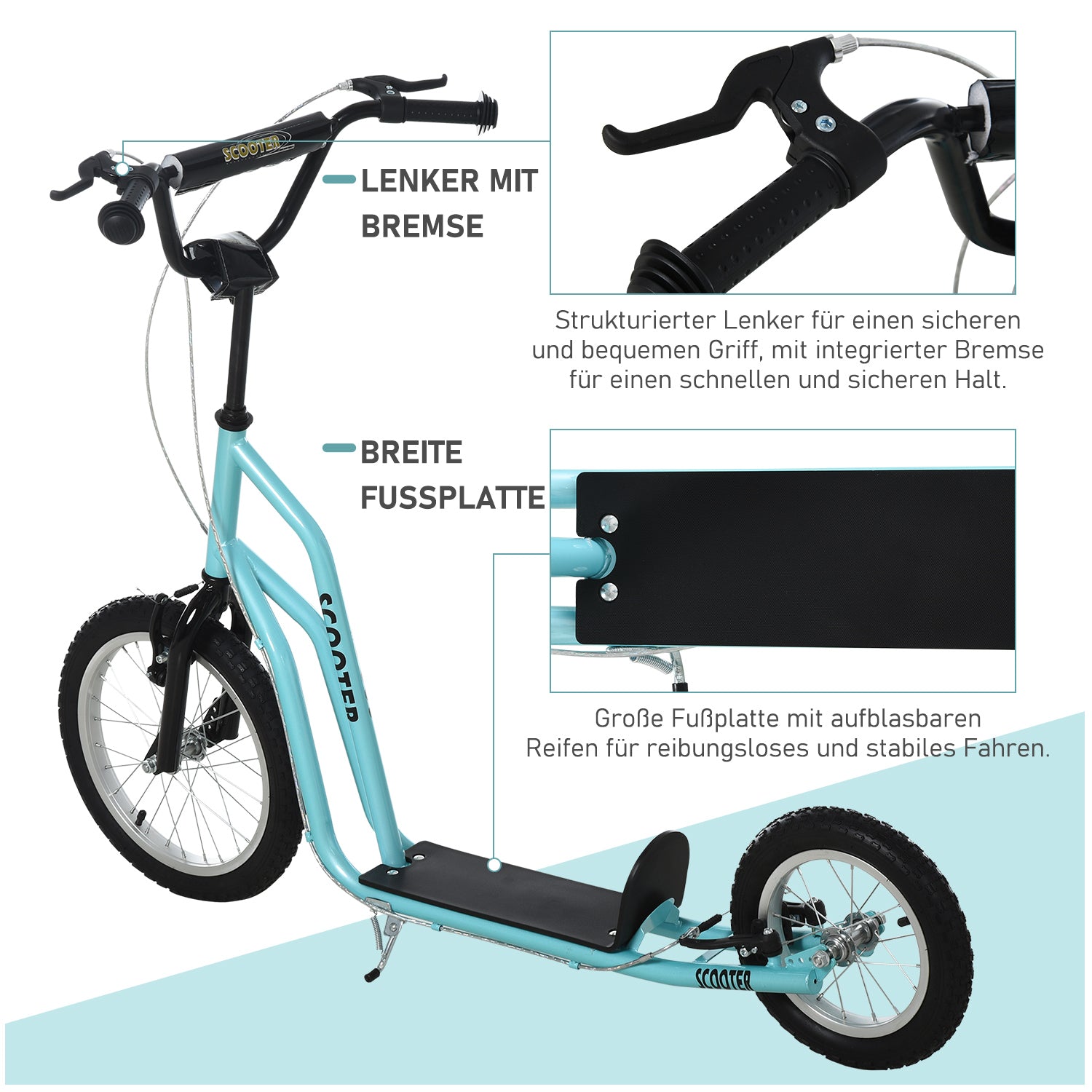 HOMCOM Kinderroller ab 5 jahre Scooter Tretroller Cityroller Kinder Roller Kickboard mit Luftreifen16/12 Zoll Blau 135 x 58 x 88-94 cm