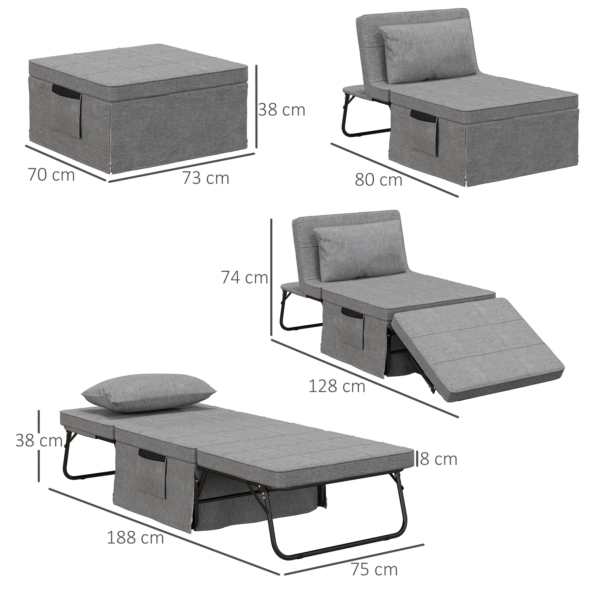 HOMCOM 4-in-1 Klappbett, Gästebett, höhenverstellbar, Matratze, Seitentaschen, Metallrahmen, grau, 188 x 75 x 38 cm