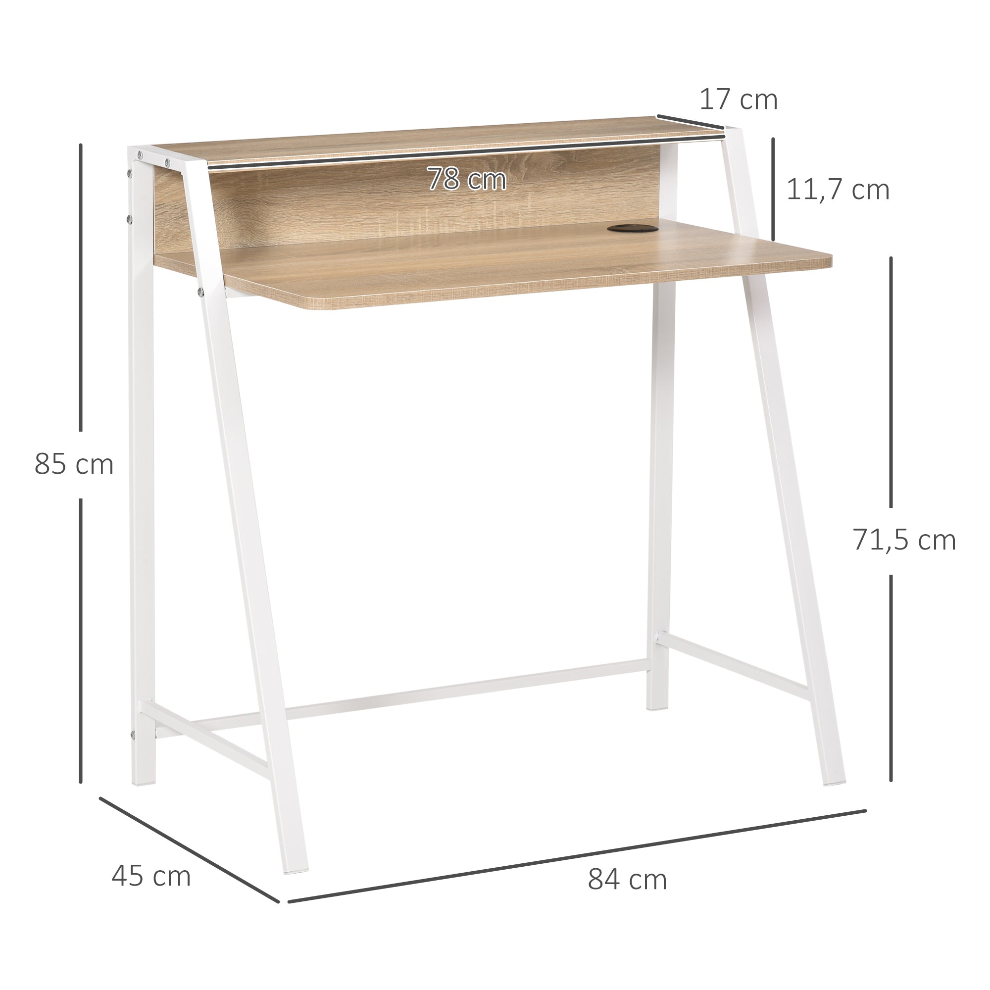 HOMCOM Schreibtisch, Computertisch mit Ablage und Kabel Management, moderner Schreibtisch mit Metallgestell für Arbeitszimmer, Schlafzimmer, Home Office, 84 x 45 x 85 cm, Weiß+Eiche