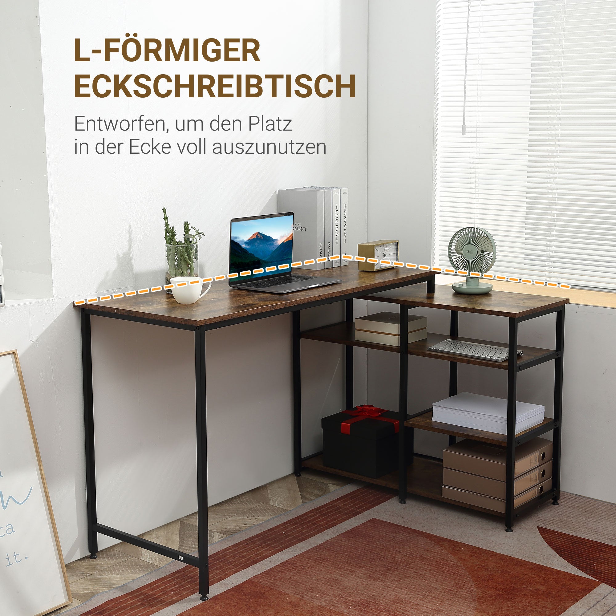 HOMCOM Eckschreibtisch Winkelschreibtisch PC-Tisch Computertisch Bürotisch Regal Schublade L-Form Spanplatte Metall Rustikales Braun 135 x 90 x 79 cm