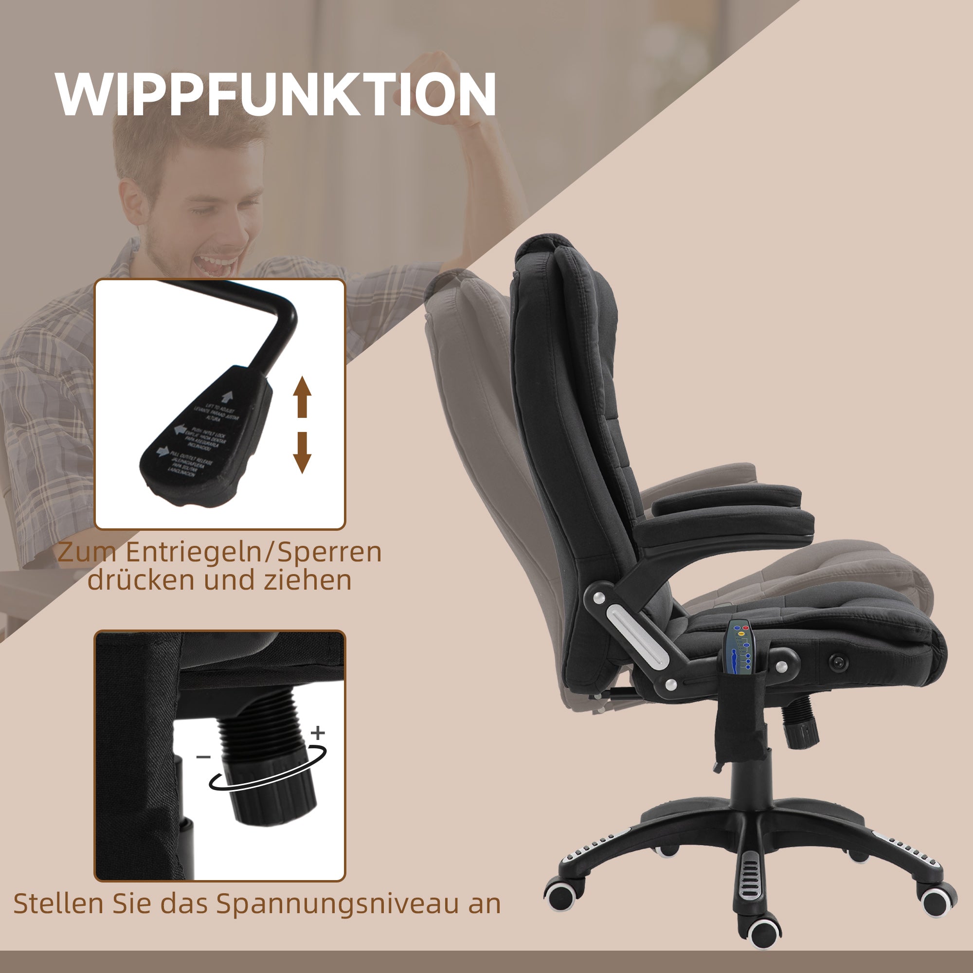 Vinsetto Bürostuhl mit Vibrationsmassage, Ergonomisch Schreibtischstuhl mit Heiz-, Liegefunktion, Höhenverstellbar Chefsessel mit Fernbedienung, Seitentasche, Leinenoptik, Schwarz