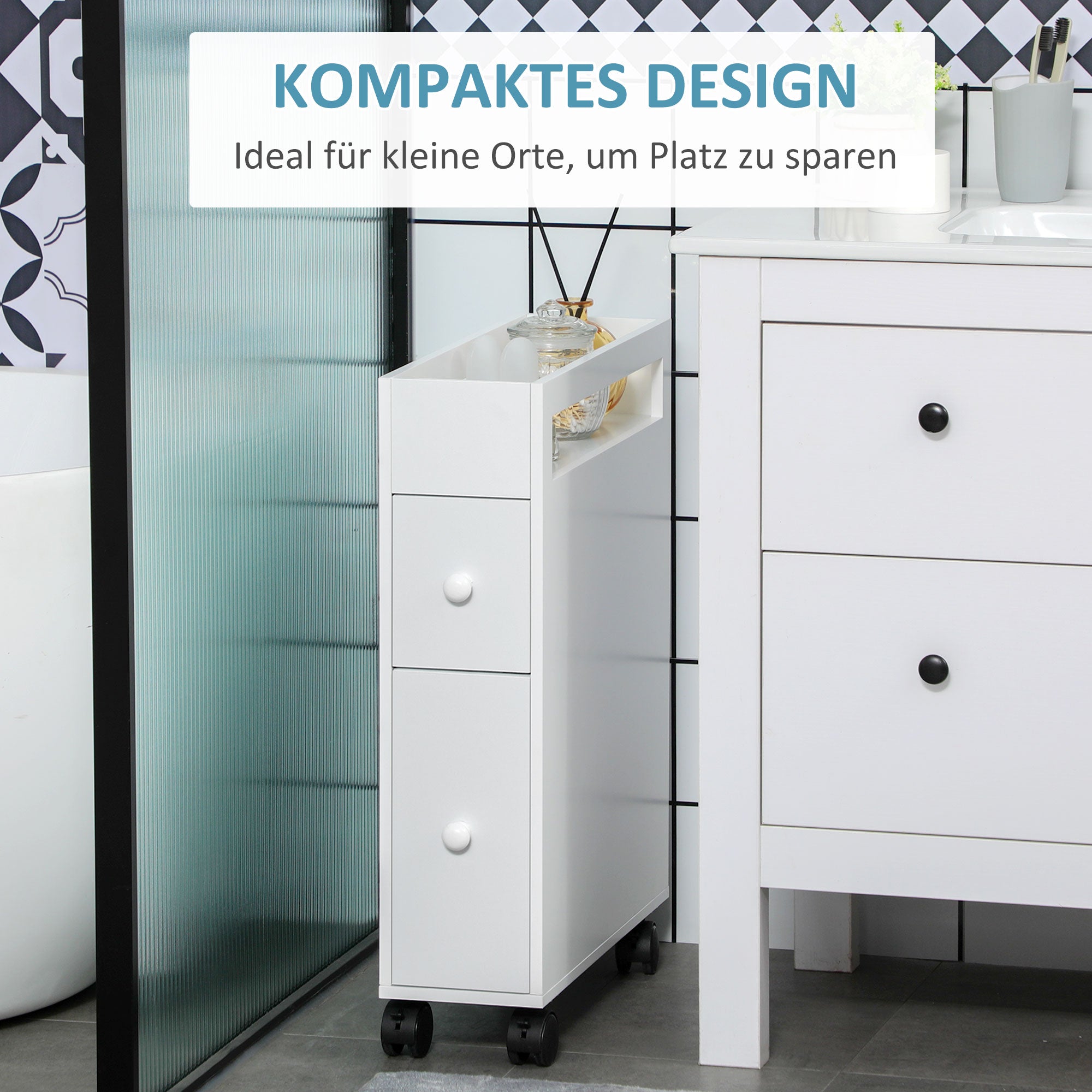 HOMCOM Nischenwagen Badschrank Rollschrank, schmales Design, zwei Schubladen, vier Räder, weiß, 16 x 49,5 x 66 cm
