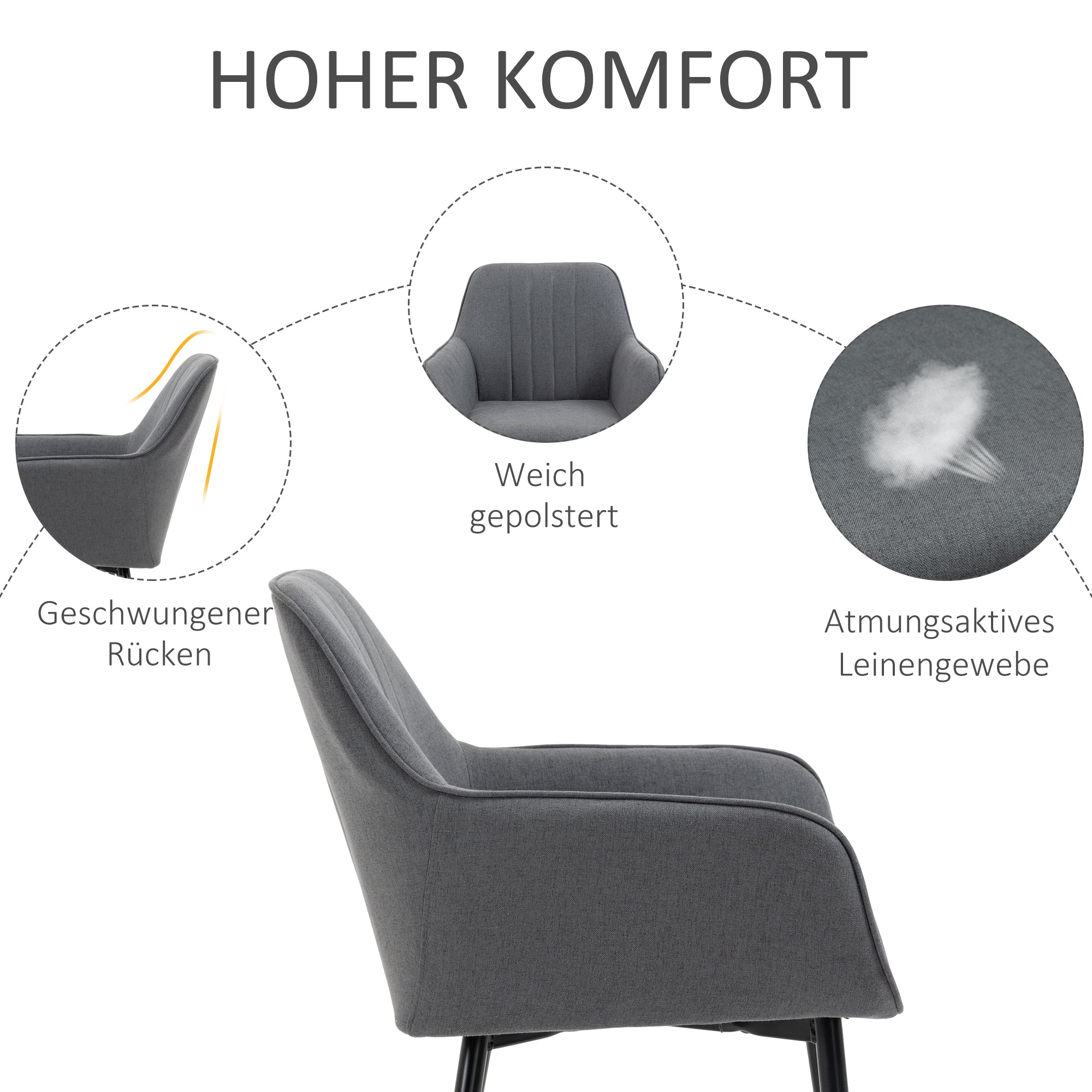 HOMCOM 2er Set Esszimmerstühle Essstühle Polsterstuhl mit atmungsaktivem Leinenbezug Wohnzimmerstuhl Sessel Küchenstuhl mit Rückenlehne Armlehne Leinen Dunkelgrau 59,5 x 56,5 x 81 cm