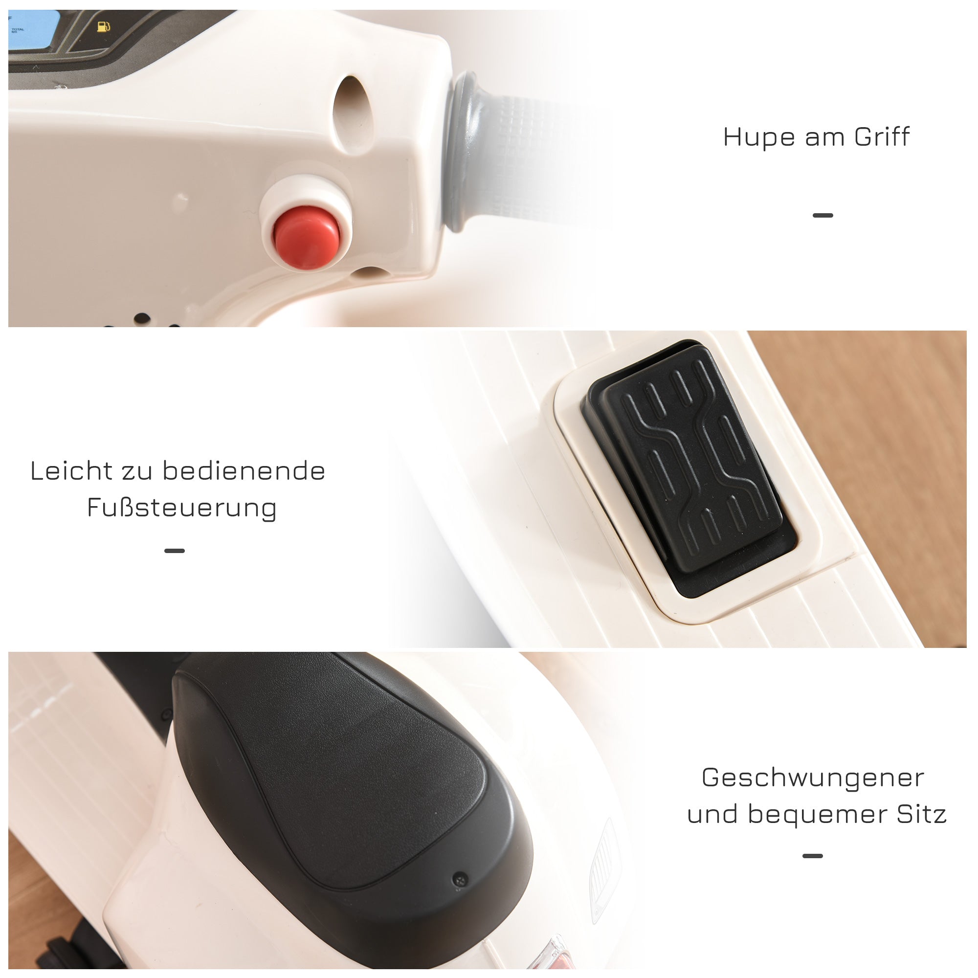 HOMCOM Elektro Kindermotorrad Vespa Elektromotorrad mit LED-Licht, Sound, Kinder Elektro Motorrad für Kinder von 18-36 Monate Weiß