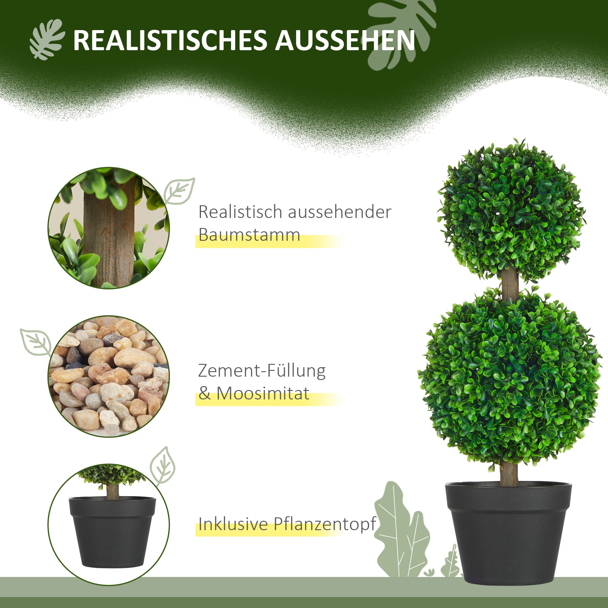 HOMCOM 2er-Set Künstlicher Buchsbaum, 2 Buchsbäume, Outdoor, 17 cm x 17 cm x 60 cm, Grün + Braun+ Schwarz