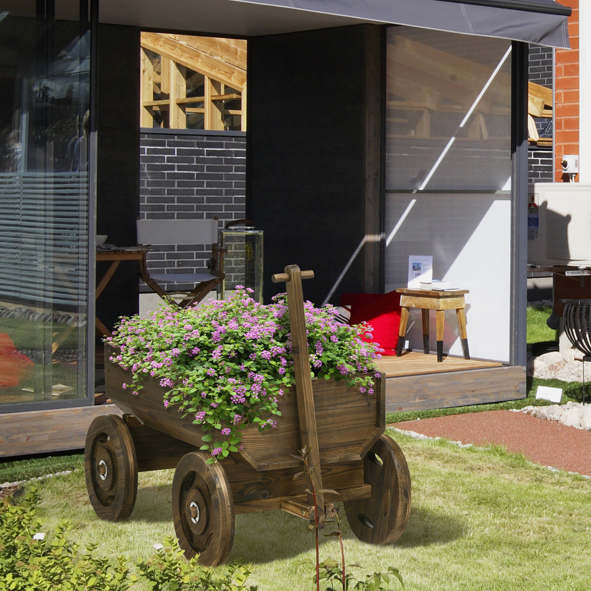 Outsunny Hochbeet im Holzwagen-Design, Brandlackierung, beweglich, wetterbeständig, Braun
