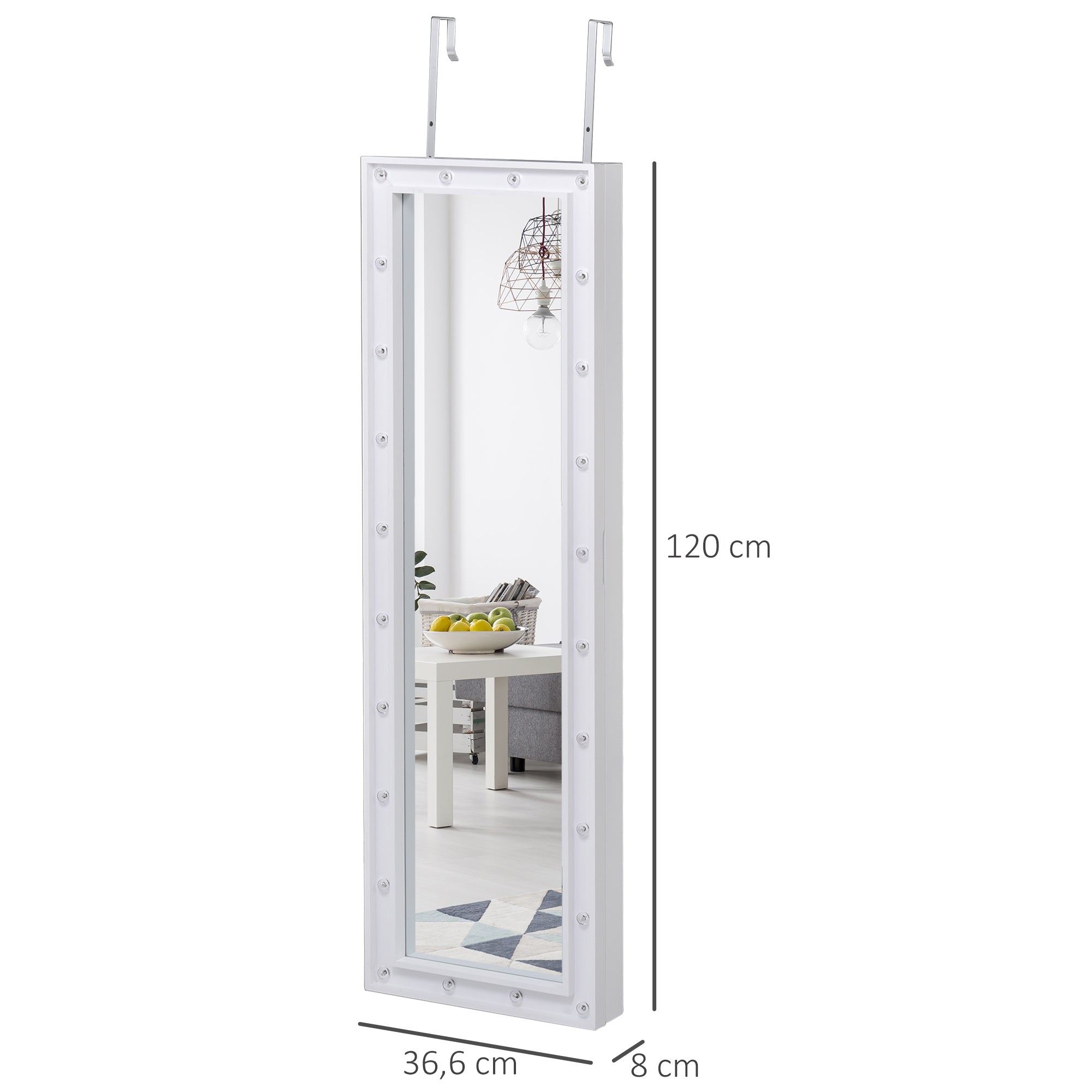 HOMCOM LED Schmuckschrank Aufhängbarer 2 in 1 Schmuckregal Spiegelschrank Türmontage MDF Weiß 36,6 x 8 x 120 cm