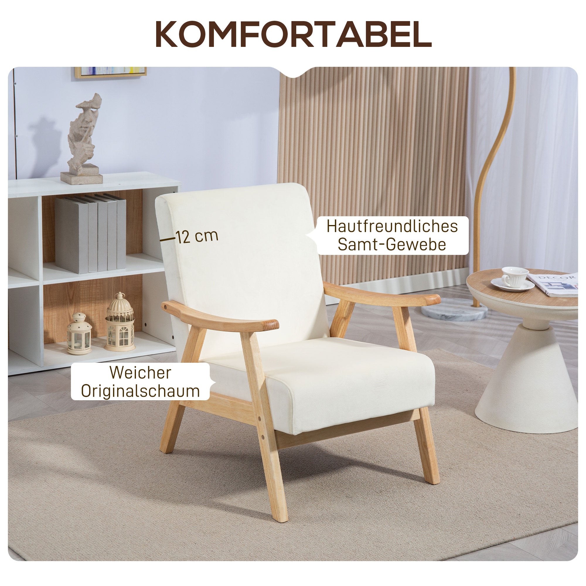 HOMCOM Polstersessel, Schaumstoff-Füllung, Kautschukholz-Rahmen, Cremeweiß