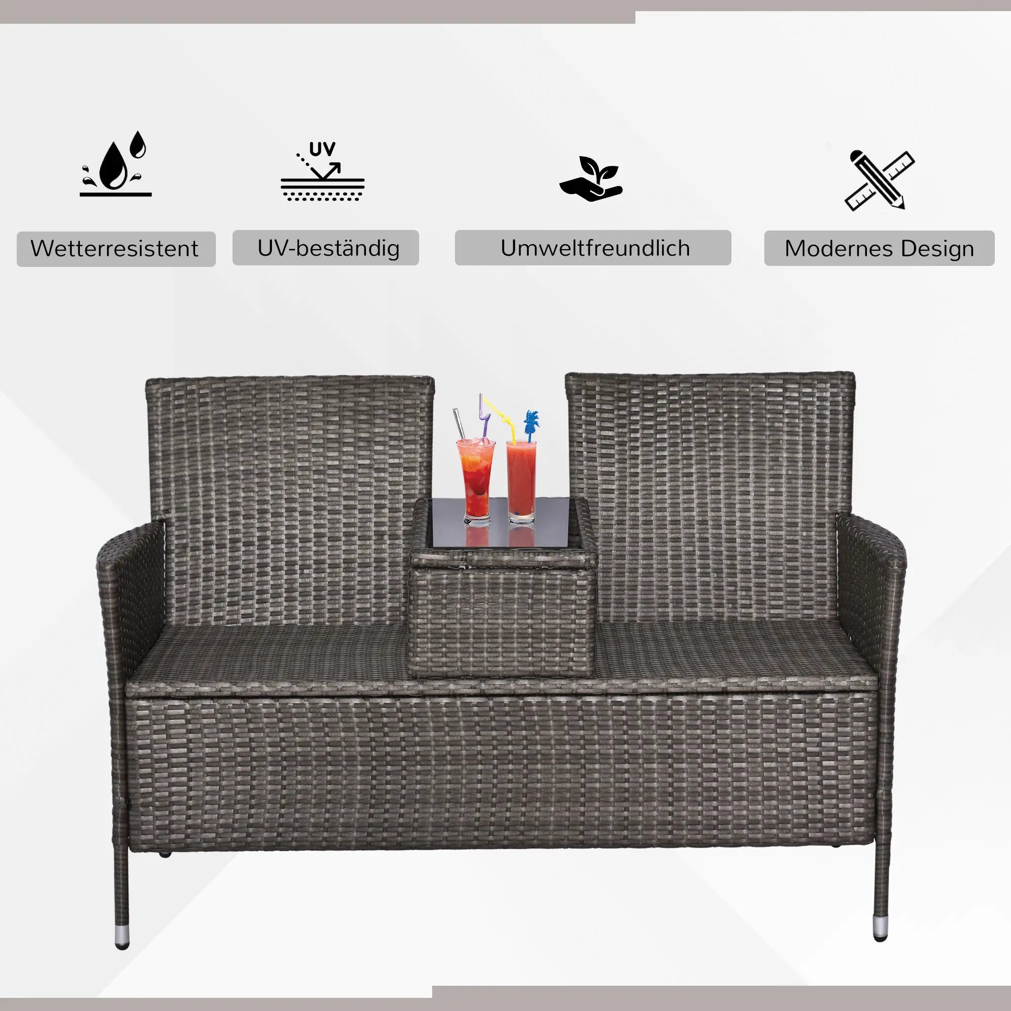 Outsunny Polyrattan Gartenbank 2-Sitzer mit integriertem Tisch Outdoor